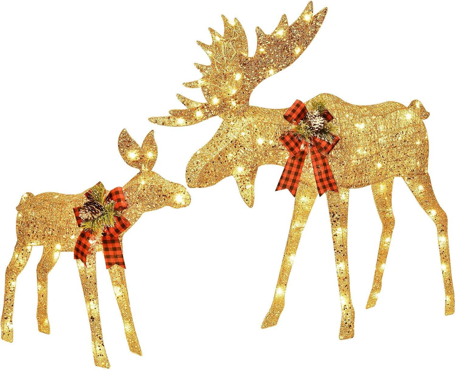 Alt View 7. Wikistore - WIKISTORE 2 Piece Gold LED Christmas Moose Family Outdoor Decor Set with 135 Lights and 32FT Cord.