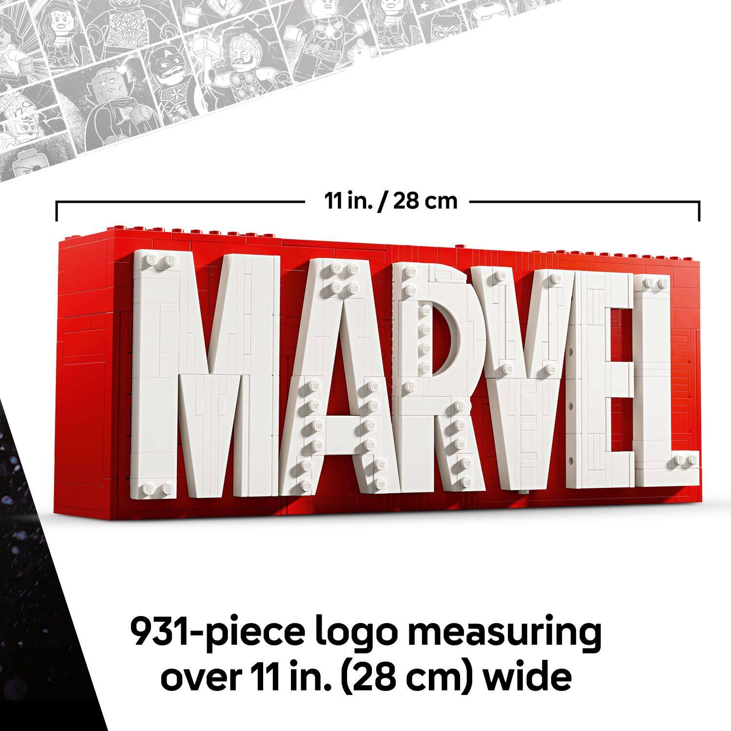 The text on the image reads: "931-piece logo measuring over 11 in. (28 cm) wide."