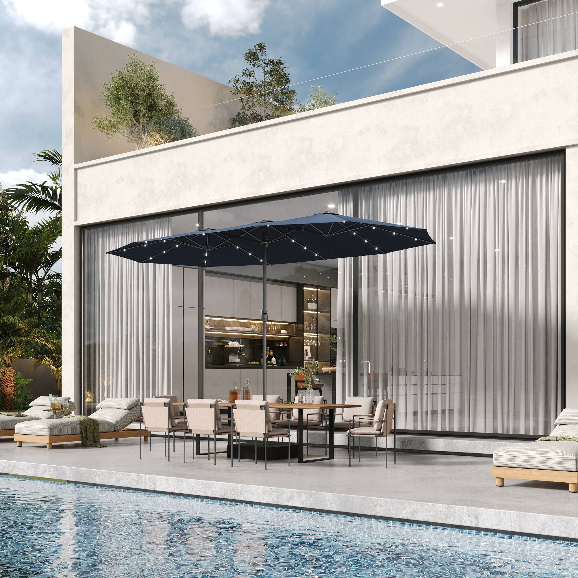 Alt View 6. Famapy - Large Rectangular Outdoor Patio Umbrella with Integrated Edge LED Lights Day-to-Night Shade Multiple Colors - Navy blue.