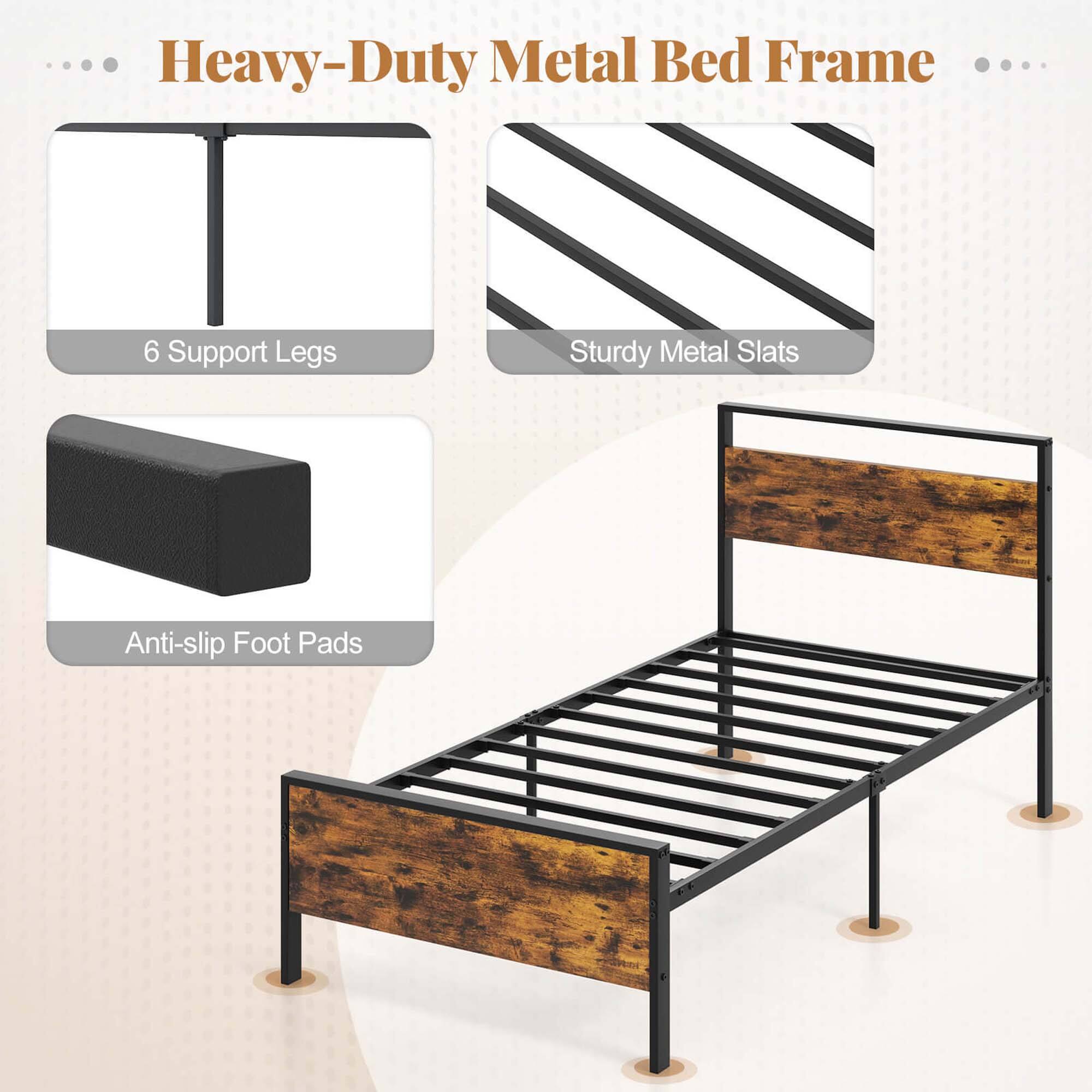 Heavy-Duty Metal Bed Frame with 6 Support Legs, Sturdy Metal Slats, and Anti-slip Foot Pads.