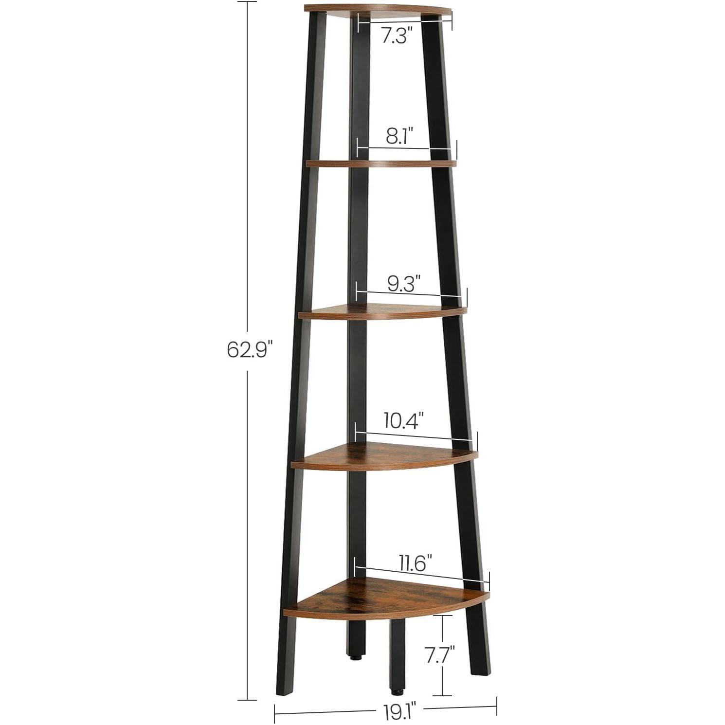 - Height: 62.9"
- Shelf 1: 7.3"
- Shelf 2: 8.1"
- Shelf 3: 9.3"
- Shelf 4: 10.4"
- Shelf 5: 11.6"
- Width: 19.1"
- Depth: 7.7"