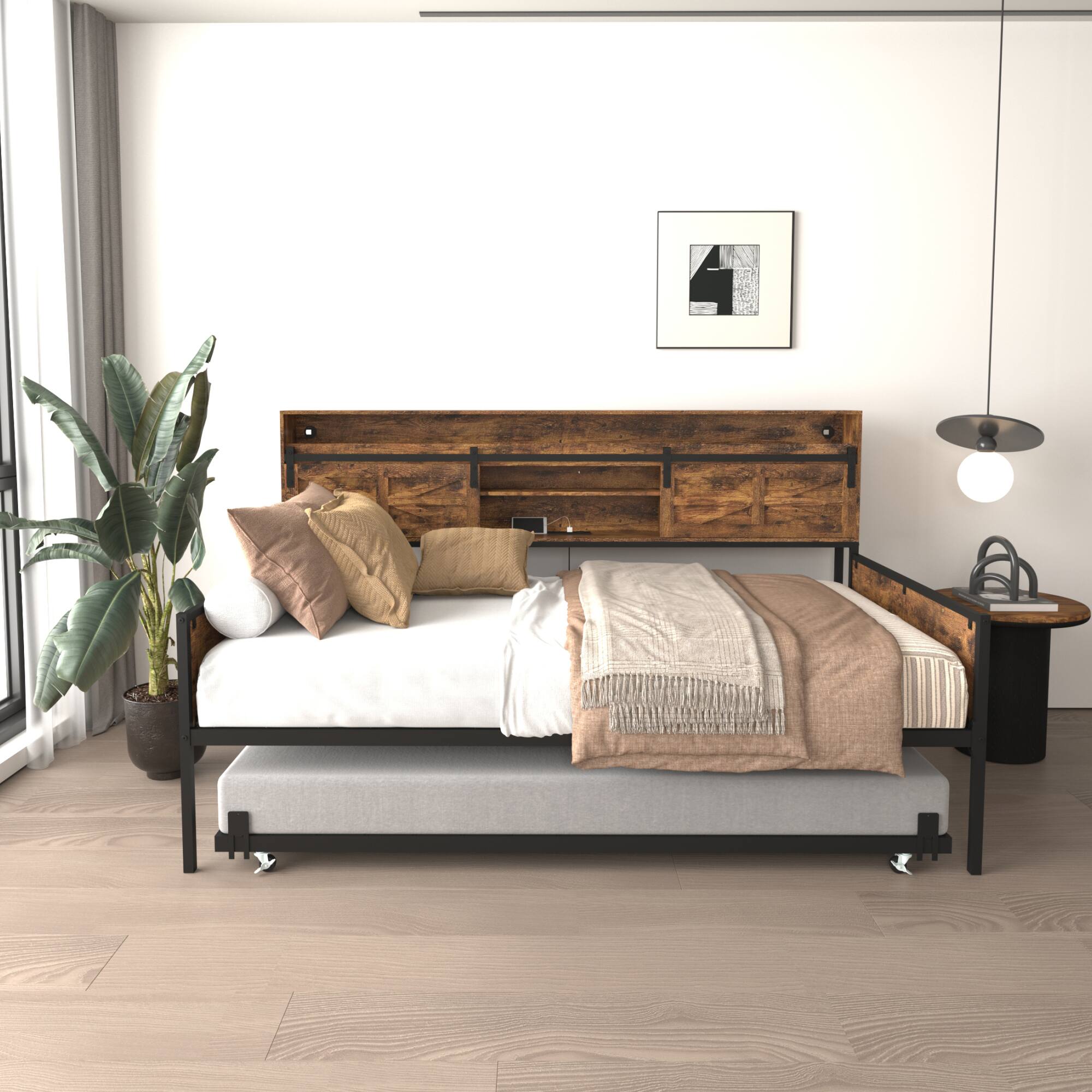 Alt View 5. GOODSILO - Farmhouse Style Twin Daybed with Trundle and Built-In Charging Station for Versatile Bedroom or Guest Room Use - Black+Brown.