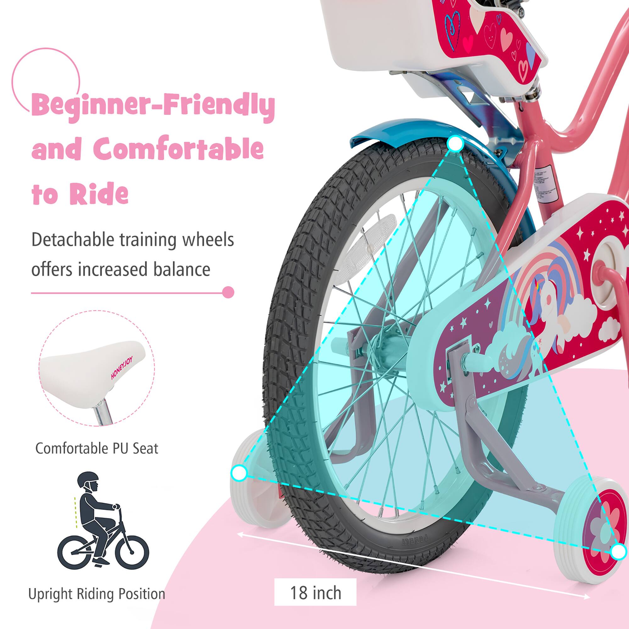 Beginner-Friendly and Comfortable to Ride

- Detachable training wheels offer increased balance
- Comfortable PU Seat
- Upright Riding Position
- 18 inch