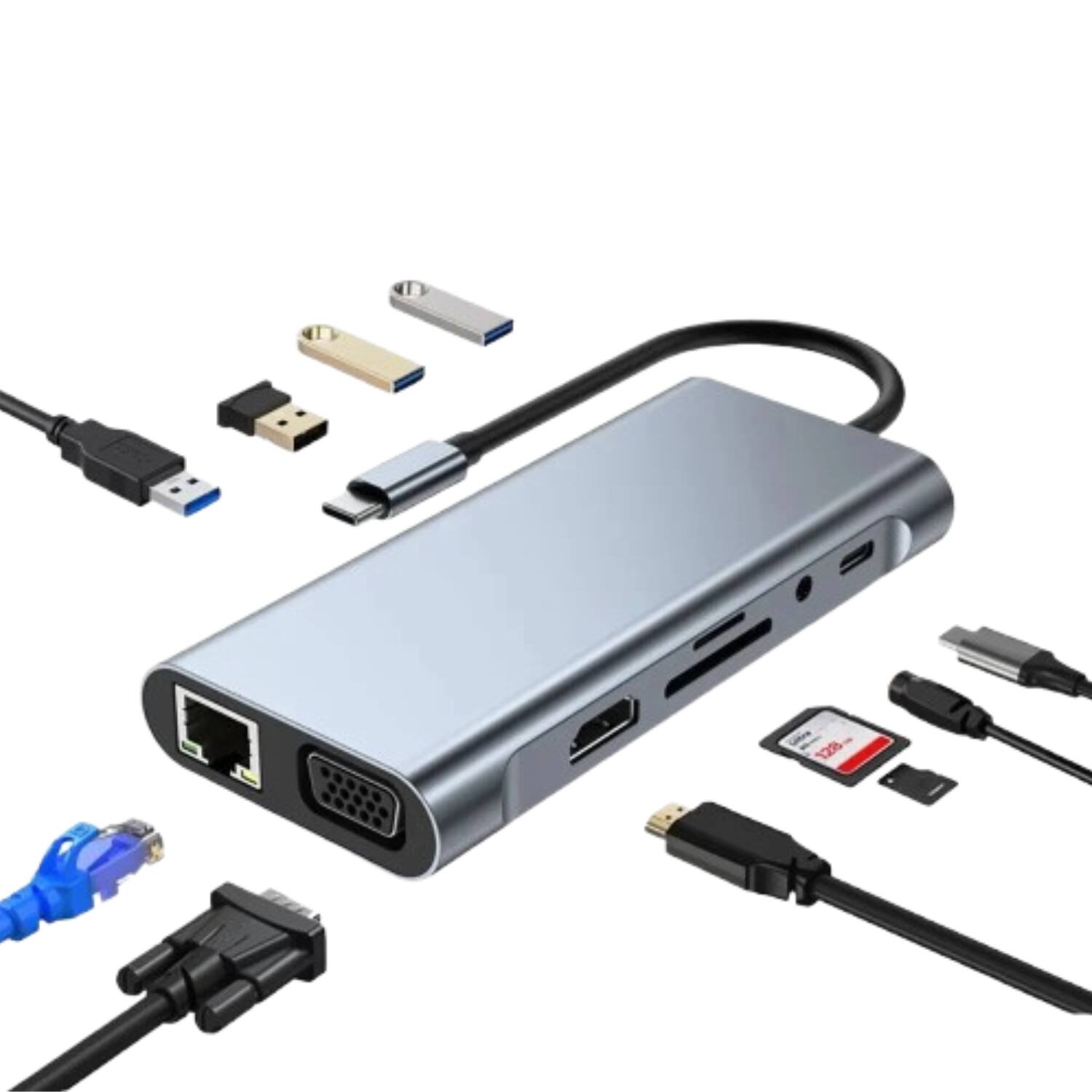 Front. Stock Preferred - USB C Hub Adapter Type C 11 Ports - Gray.