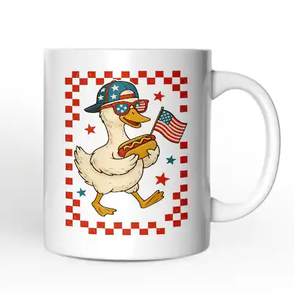 Front. OrnamentallyYou - 4th of July Patriotic Duck Mug, Funny Independence Day Gift - White.