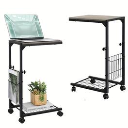 Oumilen - Adjustable Height Rolling Side Table with Storage Basket & Mesh Shelf - Gray