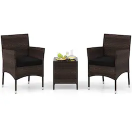 Costway - 3 PCS Outdoor Conversation Set with Cushioned Seat & Tempered Glass Tabletop - Black,Mix Brown