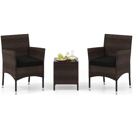 Front. Costway - 3 PCS Outdoor Conversation Set with Cushioned Seat & Tempered Glass Tabletop - Black,Mix Brown.
