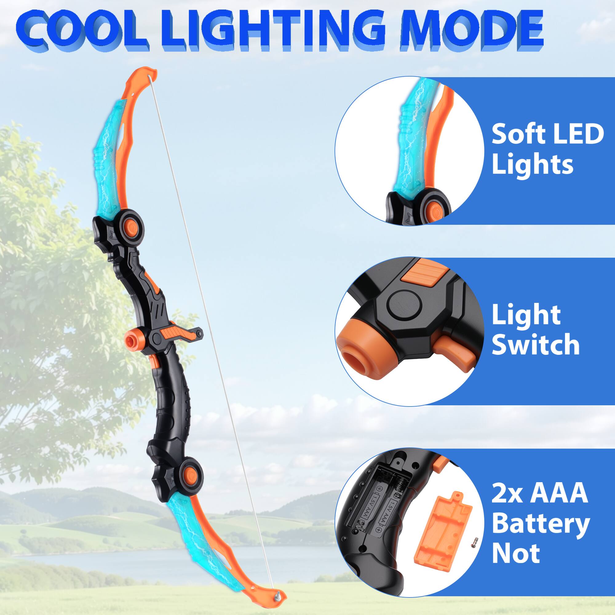 COOL LIGHTING MODE

- Soft LED Lights
- Light Switch
- 2x AAA Battery Not Included
