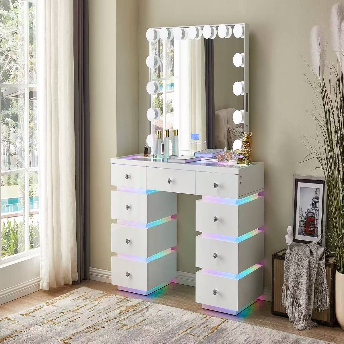 Left. Loheer - Loheer Lighted Makeup Vanity Desk with RGB Drawer Lights and 15 Bulb Hollywood Mirror - Gloss White.