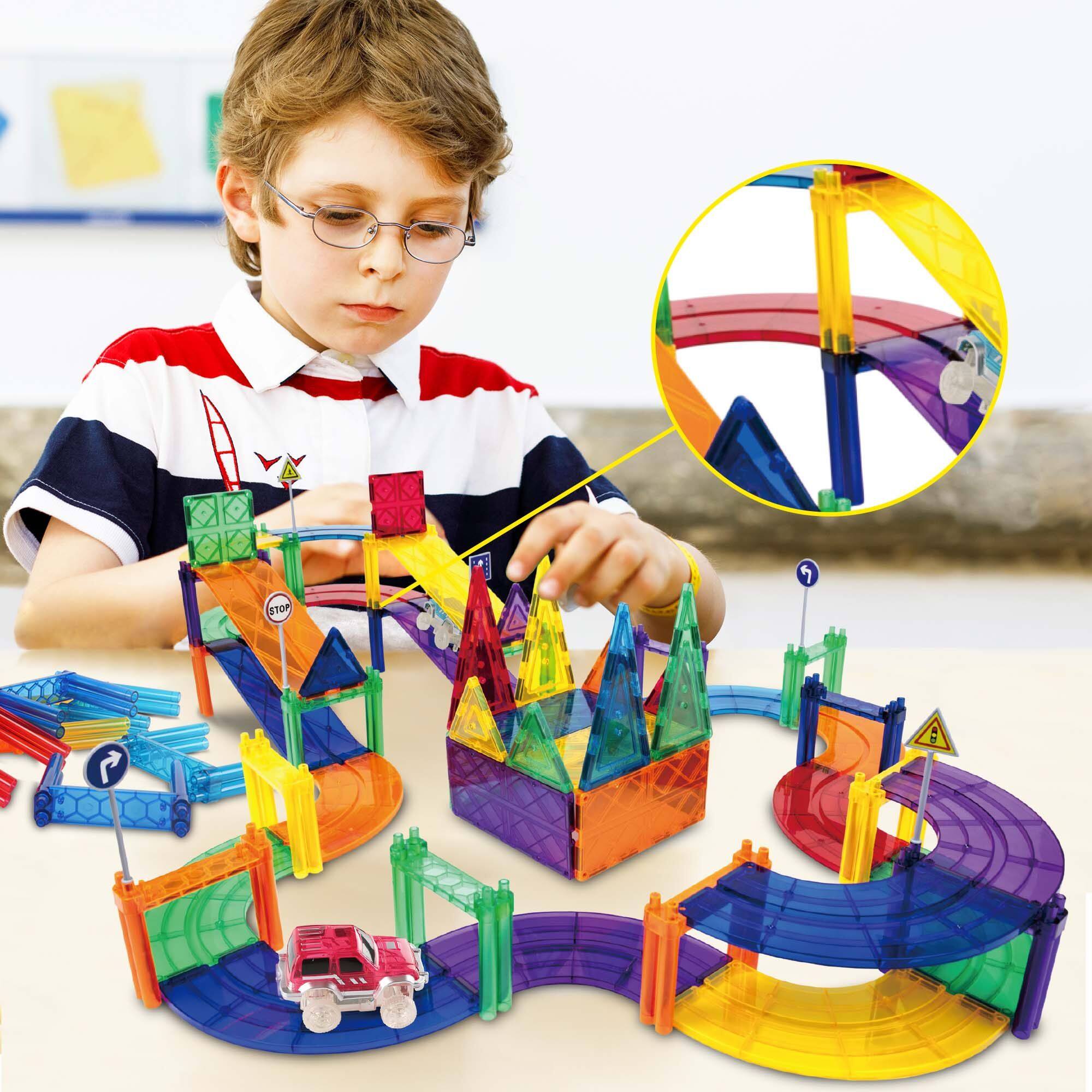 Alt View 3. PicassoTiles - PICASSO-TILES Magnetic Tiles Race Track Support Column Expansion Set Racing Extension STEM Building Blocks Toy for Kids - Multicolor.