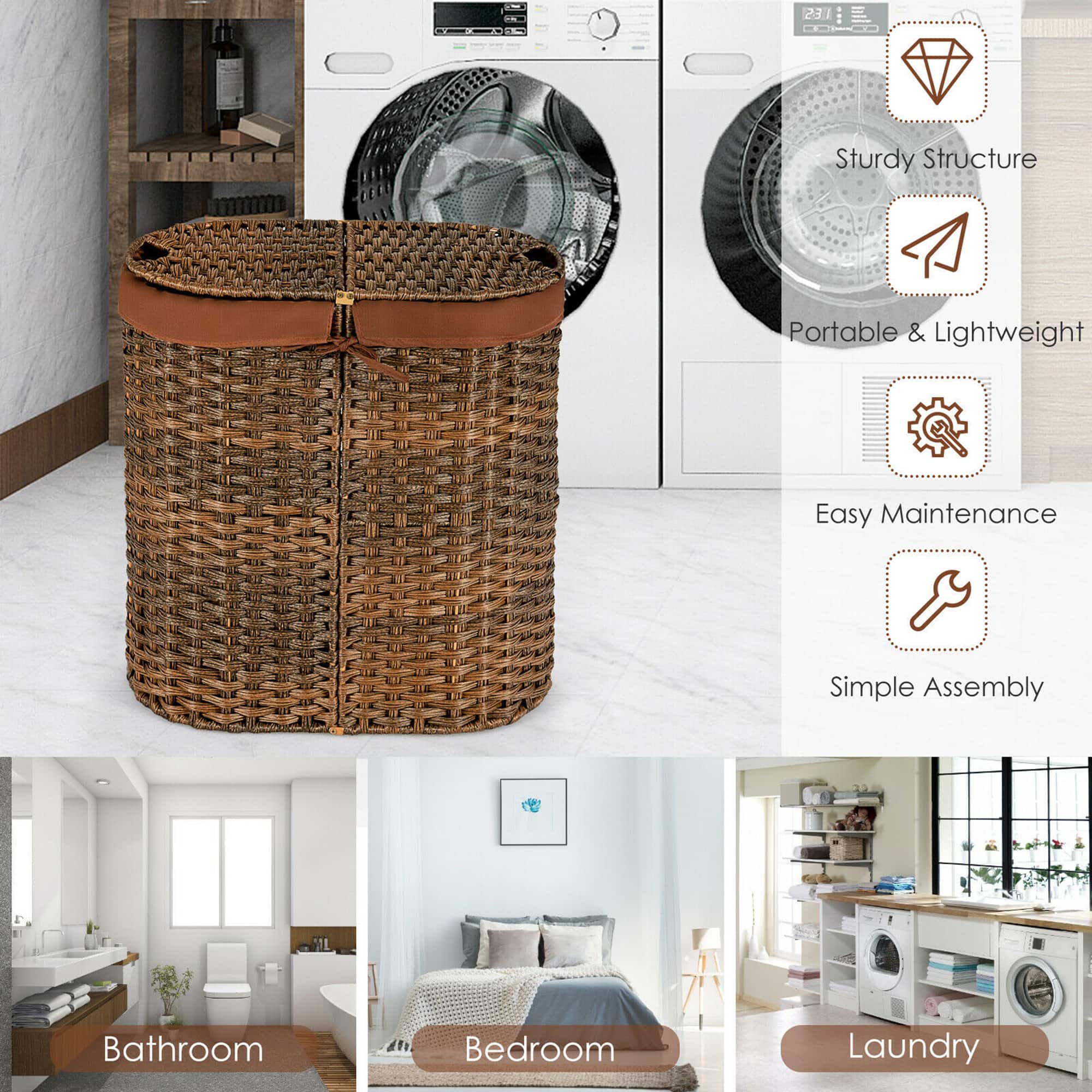 Best Buy Costway Handwoven Laundry Hamper Laundry Basket w/2 Removable