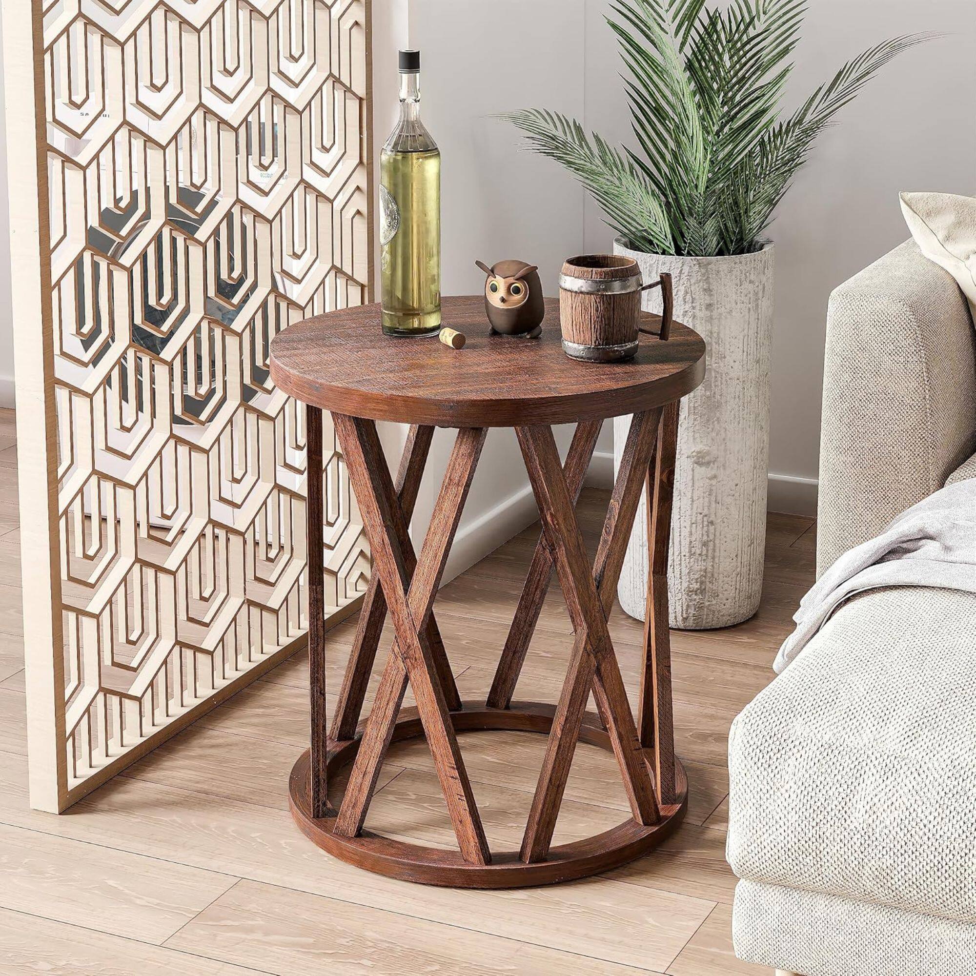 Alt View 3. COZAYH - COZAYH Farmhouse End Table, Rustic Round Top with X-Motifs Legs, Brown, Set of 2 - Brown.