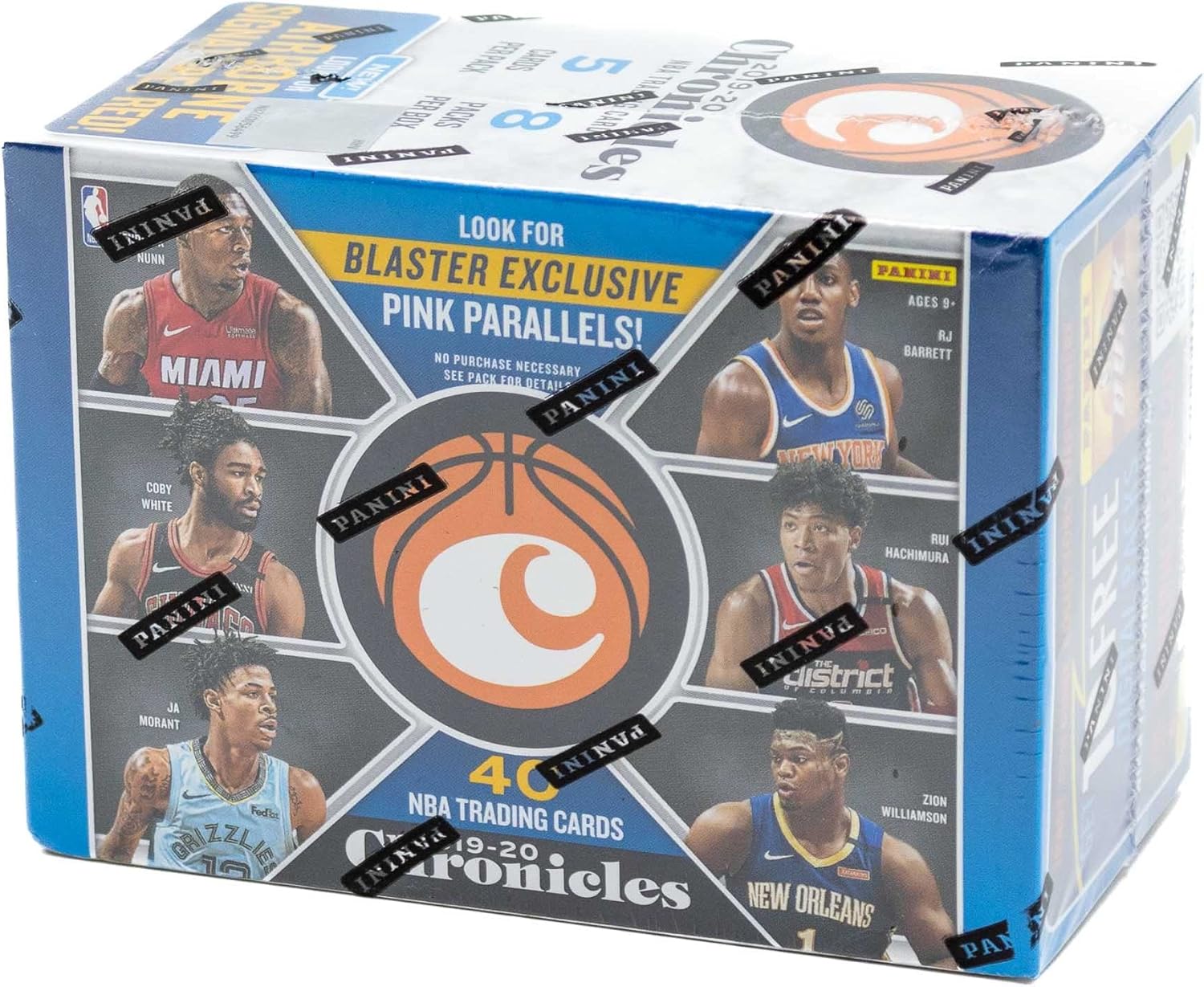 Sure, here is the corrected and grouped text from the image:

---

**Panini**  
**40th Anniversary**  
**NBA Trading Cards**  
**19-20**  
**Chronicles**  

**Look for Blaster Exclusive Pink Parallels!**  
**No Purchase Necessary**  
**See Pack for Details!**  

**Panini**  
**Ages 9+**  

**Miami**  
**Coby White**  
**Ja Morant**  
**Rui Hachimura**  
**Zion Williamson**  
**RJ Barrett**  

**New Orleans**  
**District**  

**Panini**  
**Panini**  
**Panini**  
**Panini**  
**Panini**  
**Panini**  
**Panini**  
**Panini**  
**Panini**  
**Panini**  
**Panini**  
**Panini**  
**Panini**  
**Panini**  
**Panini**  
**Panini**  
**Panini**  
**Panini**  
**Panini**  
**Panini**  
**Panini**  
**Panini**  
**Panini**  
**Panini**  
**Panini**