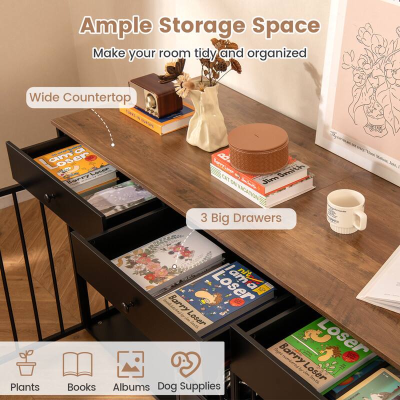 Ample Storage Space  
Make your room tidy and organized

Wide Countertop

3 Big Drawers

Plants  
Books  
Albums  
Dog Supplies