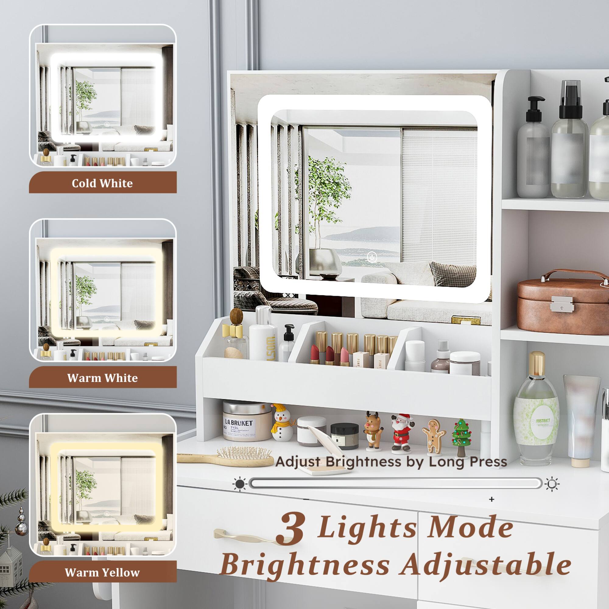 - Cold White
- Warm White
- Warm Yellow

Adjust Brightness by Long Press

3 Lights Mode
Brightness Adjustable