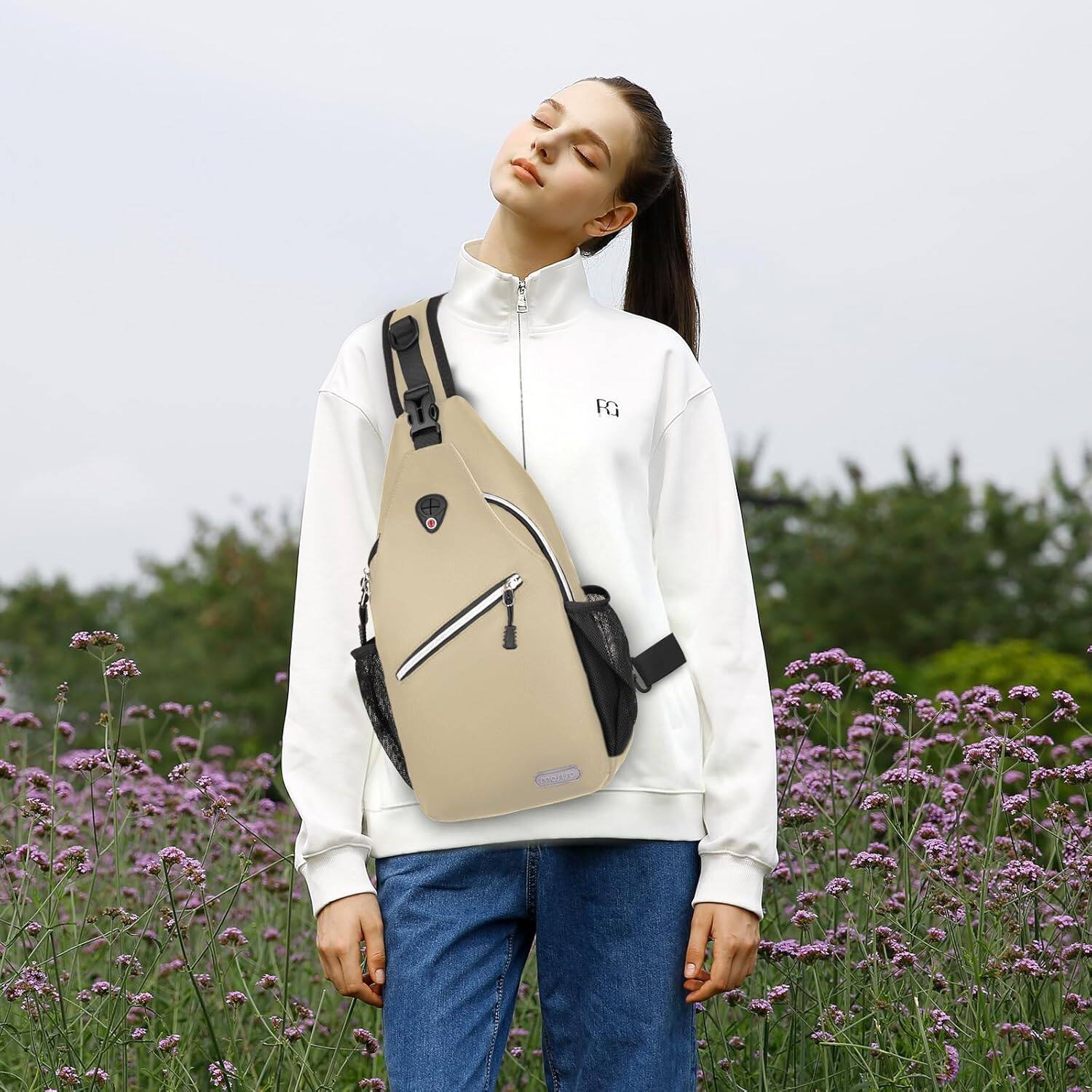 Alt View 3. mosiso - Sling Backpack Multipurpose Crossbody Shoulder Bag Travel Hiking Daypack - Beige.