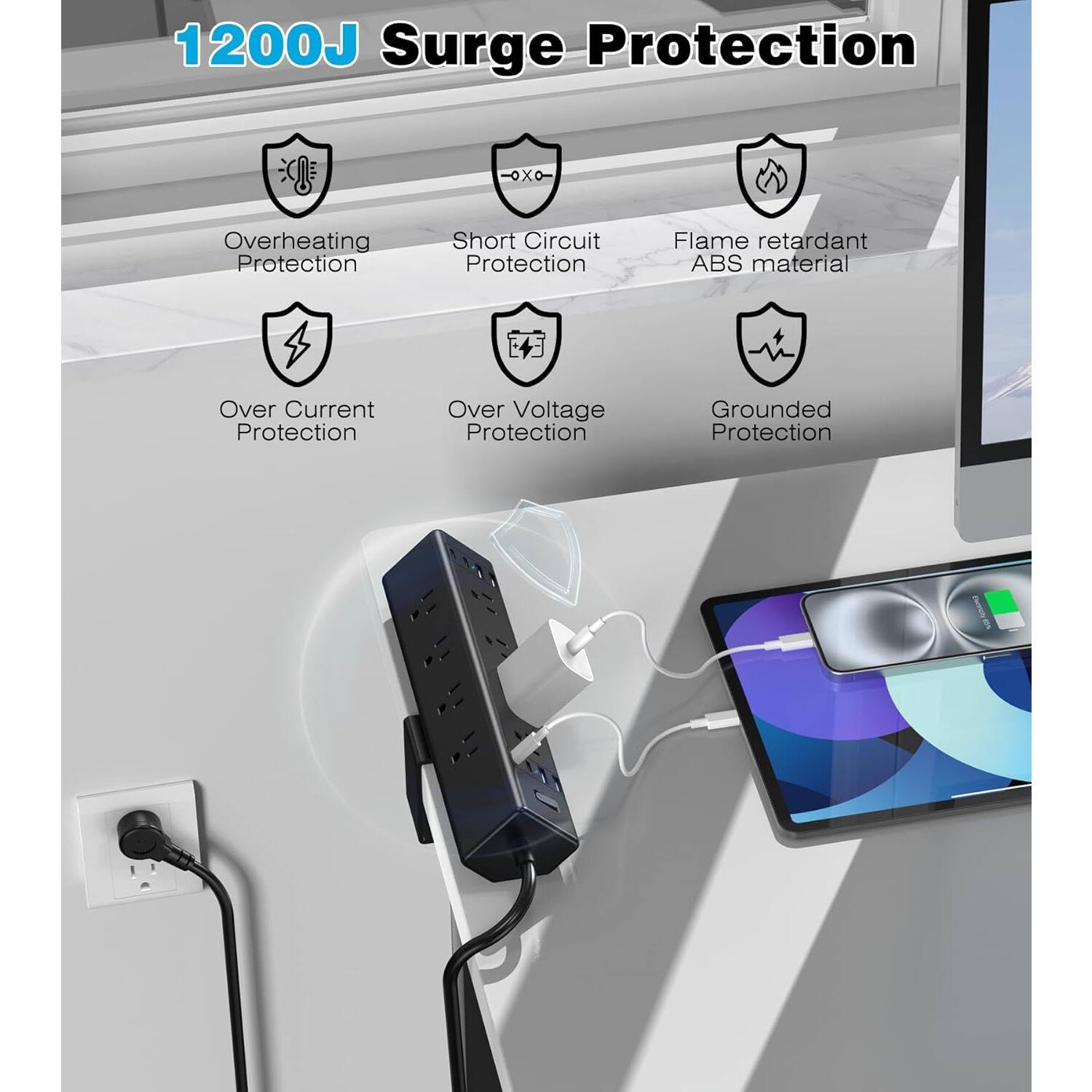 1200J Surge Protection

- Overheating Protection
- Short Circuit Protection
- Flame retardant ABS material
- Over Current Protection
- Over Voltage Protection
- Grounded Protection