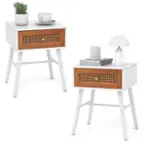 Front. Costway - 2 PCS Nightstand with Storage Drawer Rattan Decoration Solid Wood Legs for Bedroom - White + Brown.