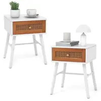 Costway 2 PCS Nightstand with Storage Drawer Rattan Decoration Solid Wood Legs for Bedroom - White + Brown - Front_Zoom