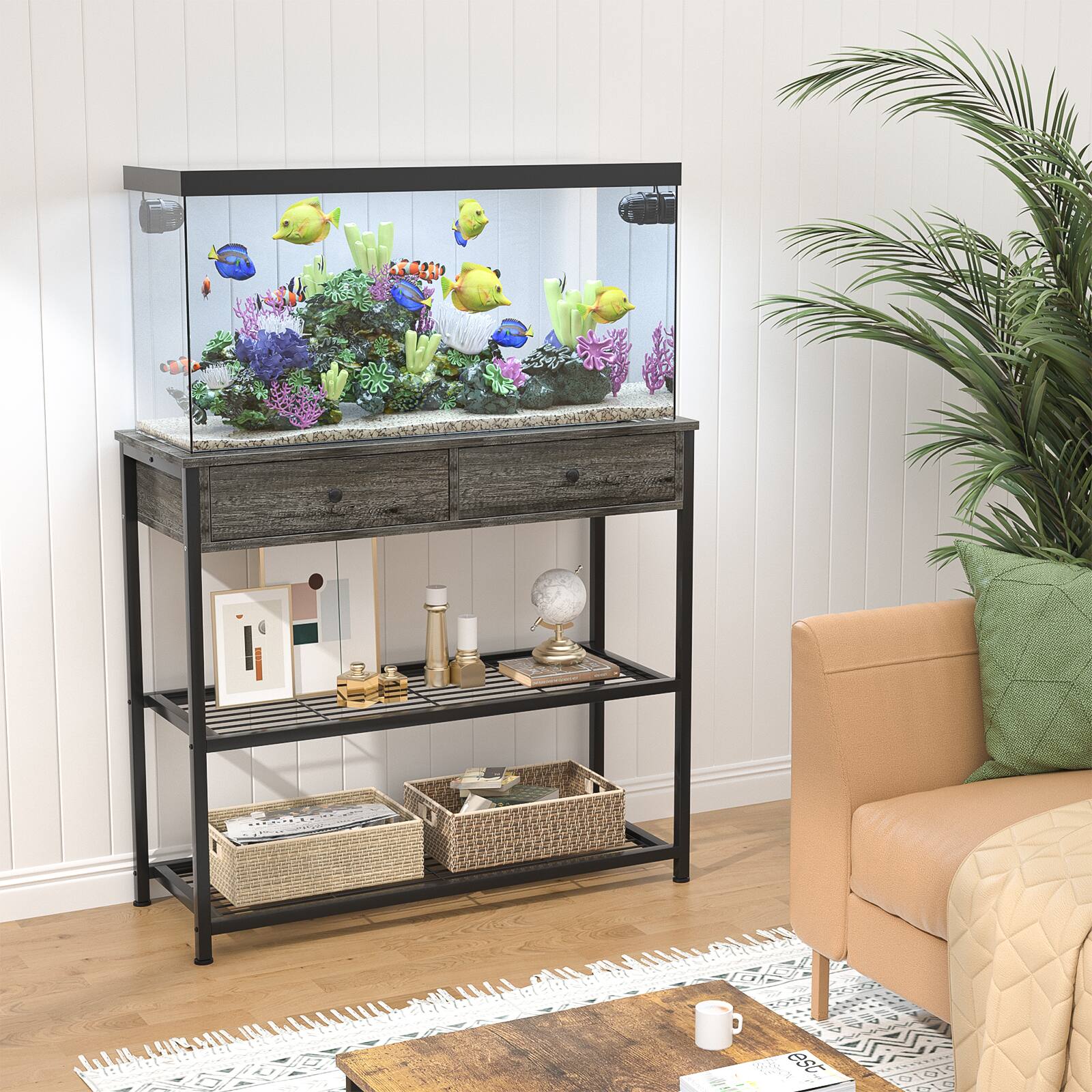 Alt View 4. Aheaplus - 32'' Console Table, with Charging Station and Drawers, Narrow End Table for Entryway, Living Room - Gray Oak.