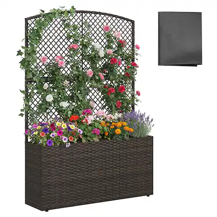 Front. Costway - Costway 1 PCS 58" Raised Garden Bed with Trellis, Wicker Planter Box with Privacy Screen - Brown.