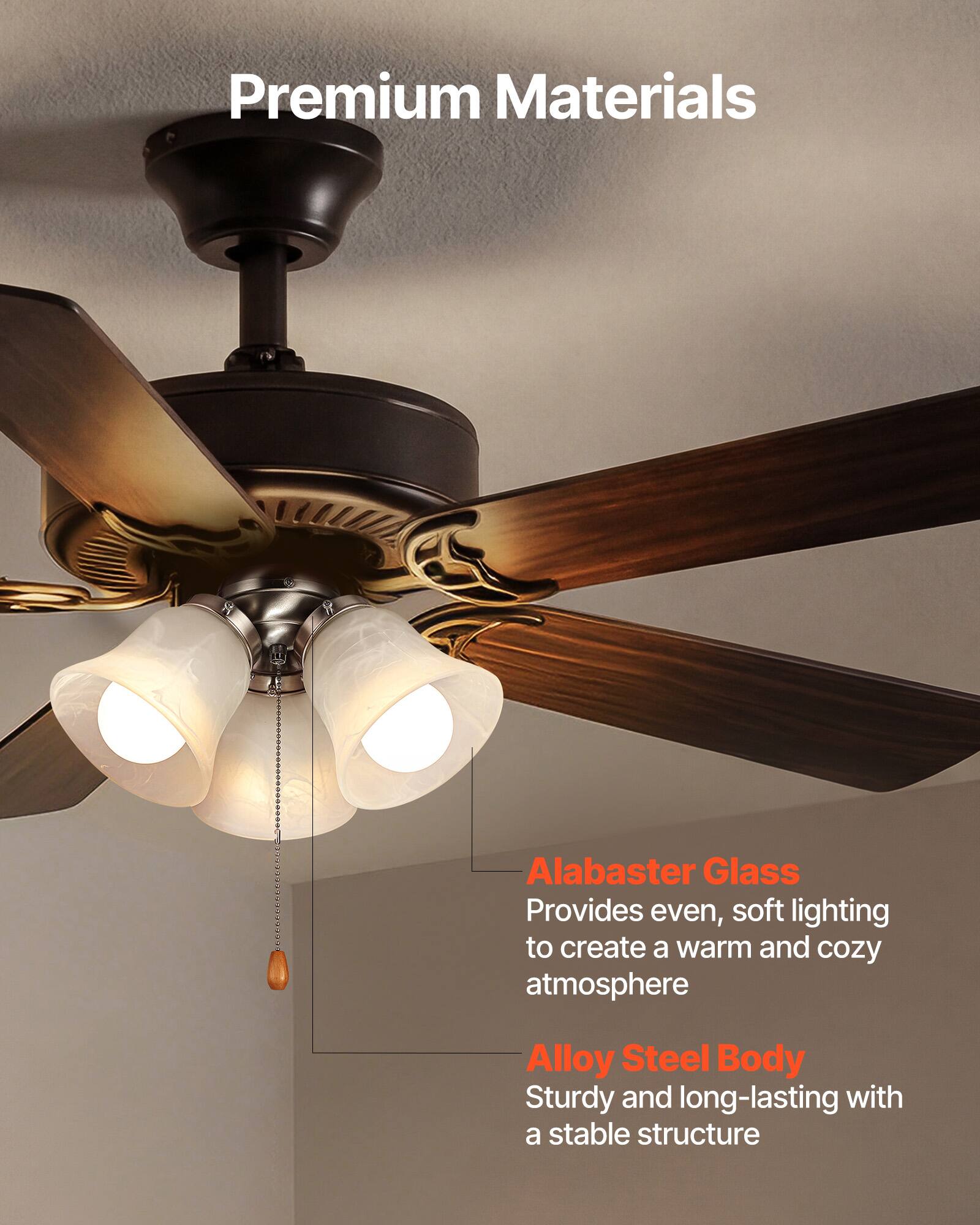 Premium Materials

Alabaster Glass  
Provides even, soft lighting to create a warm and cozy atmosphere

Alloy Steel Body  
Sturdy and long-lasting with a stable structure