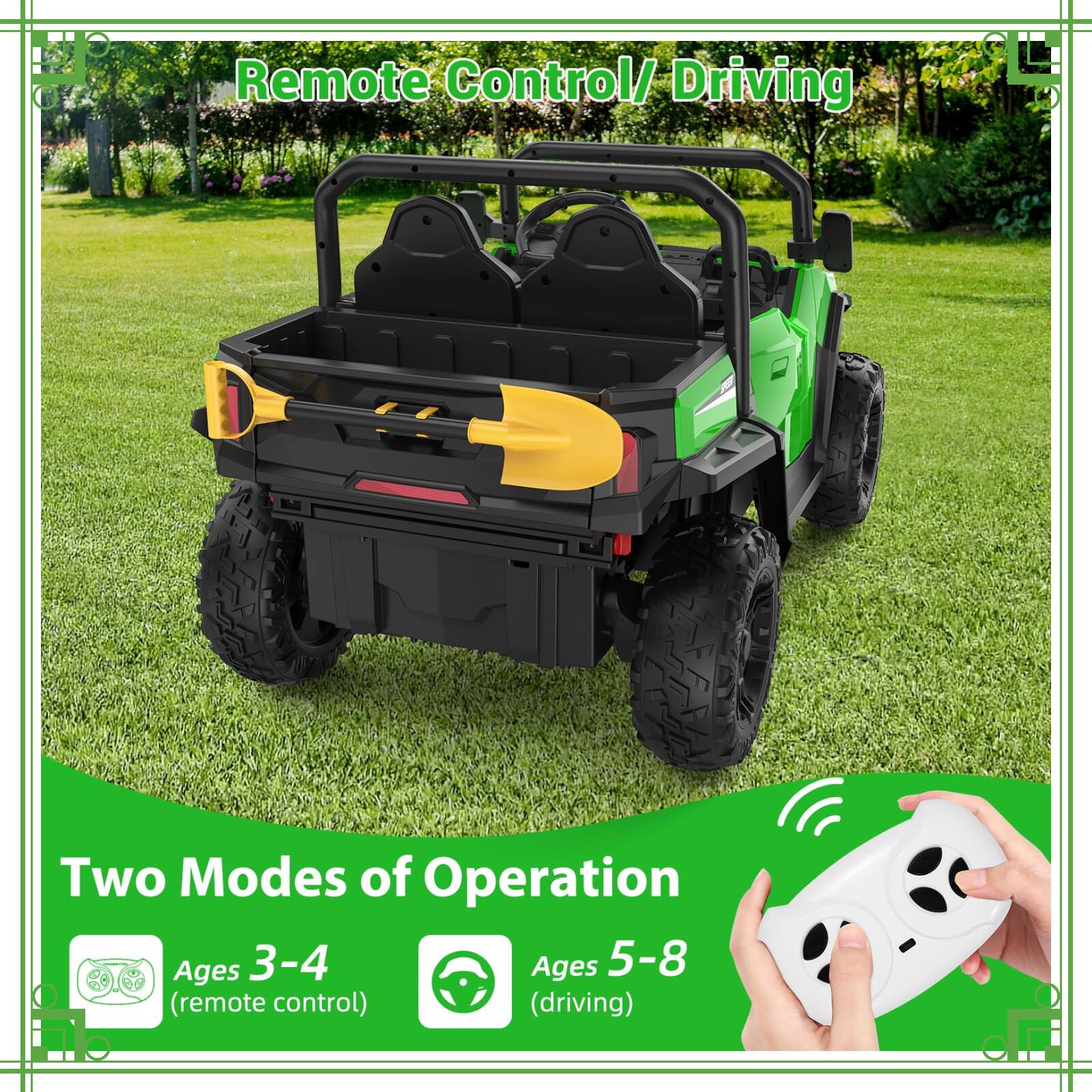 Remote Control/ Driving

Two Modes of Operation

Ages 3-4 (remote control)

Ages 5-8 (driving)
