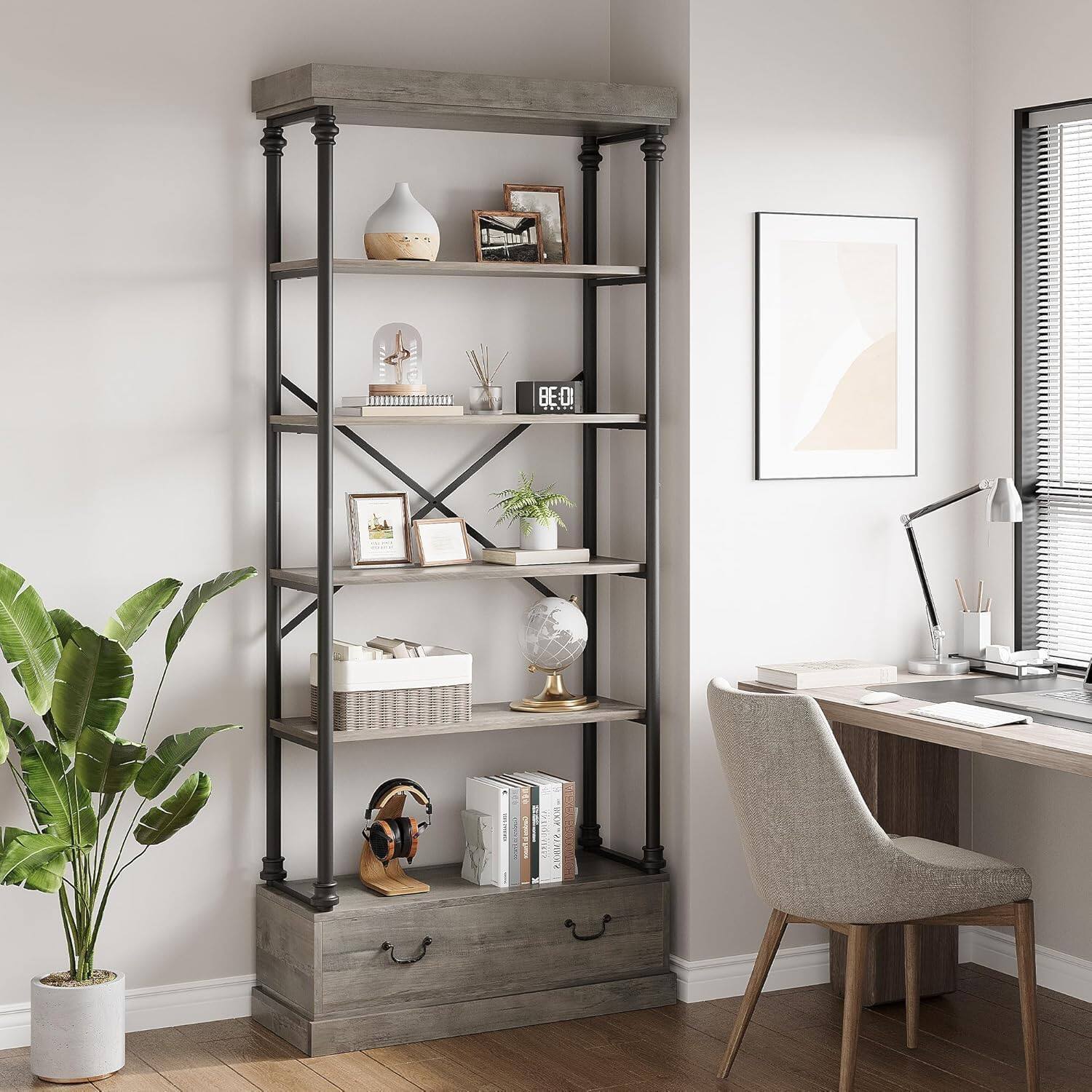 Front. Acekool - 5 Tier Vintage Bookshelf Industry Display Storage Shelf - Grey.