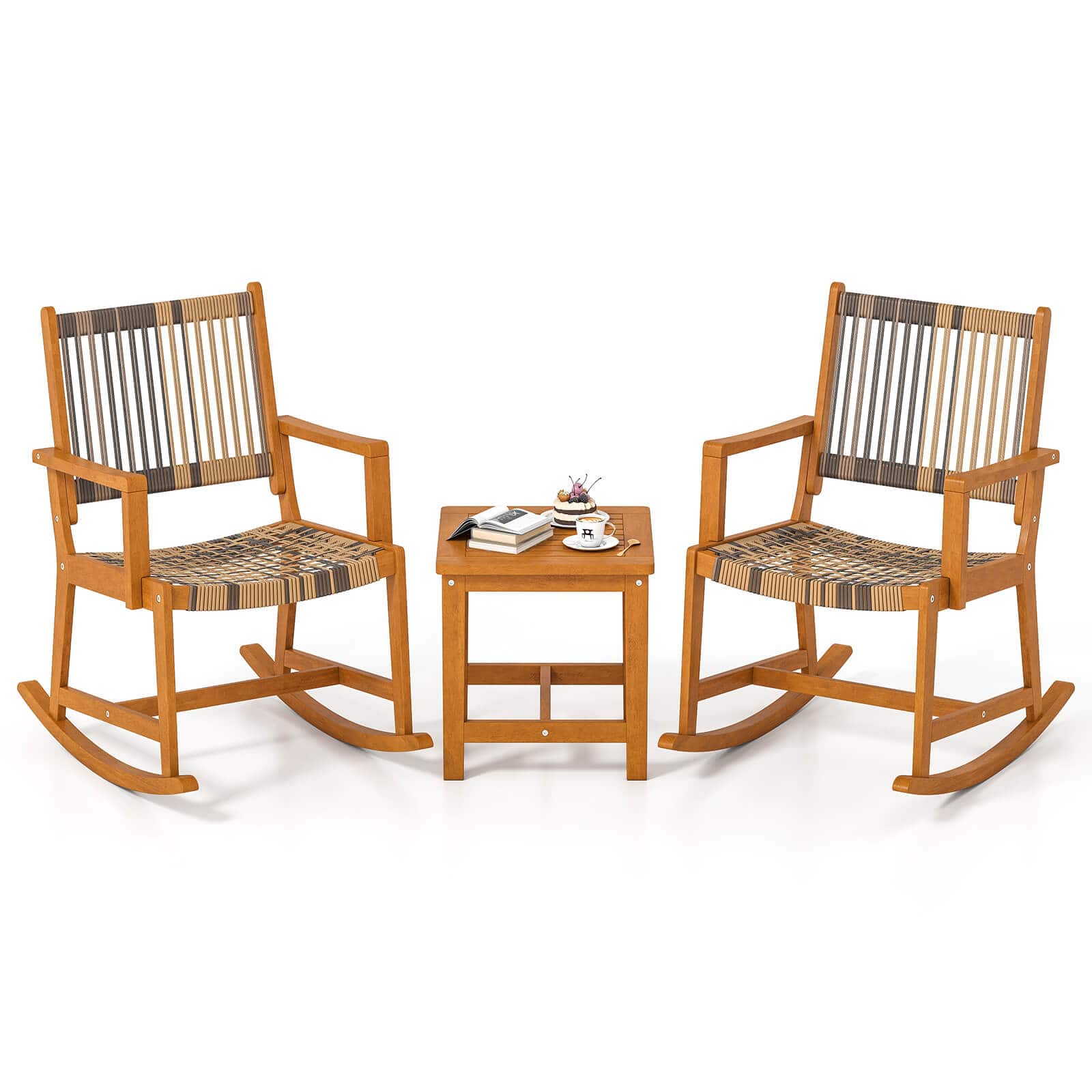 Costway - 3 Piece Patio Rocking Set with Rattan Seat & Back Square Side Table for Porch - Brown