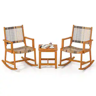 Costway - 3 Piece Patio Rocking Set with Rattan Seat & Back Square Side Table for Porch - Brown