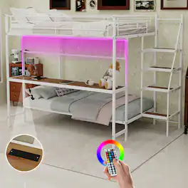Loheer - White Metal Bunk Bed with Desk Full Over Twin Space Saving Loft Bed with LED Lights for Teens - Ancient White