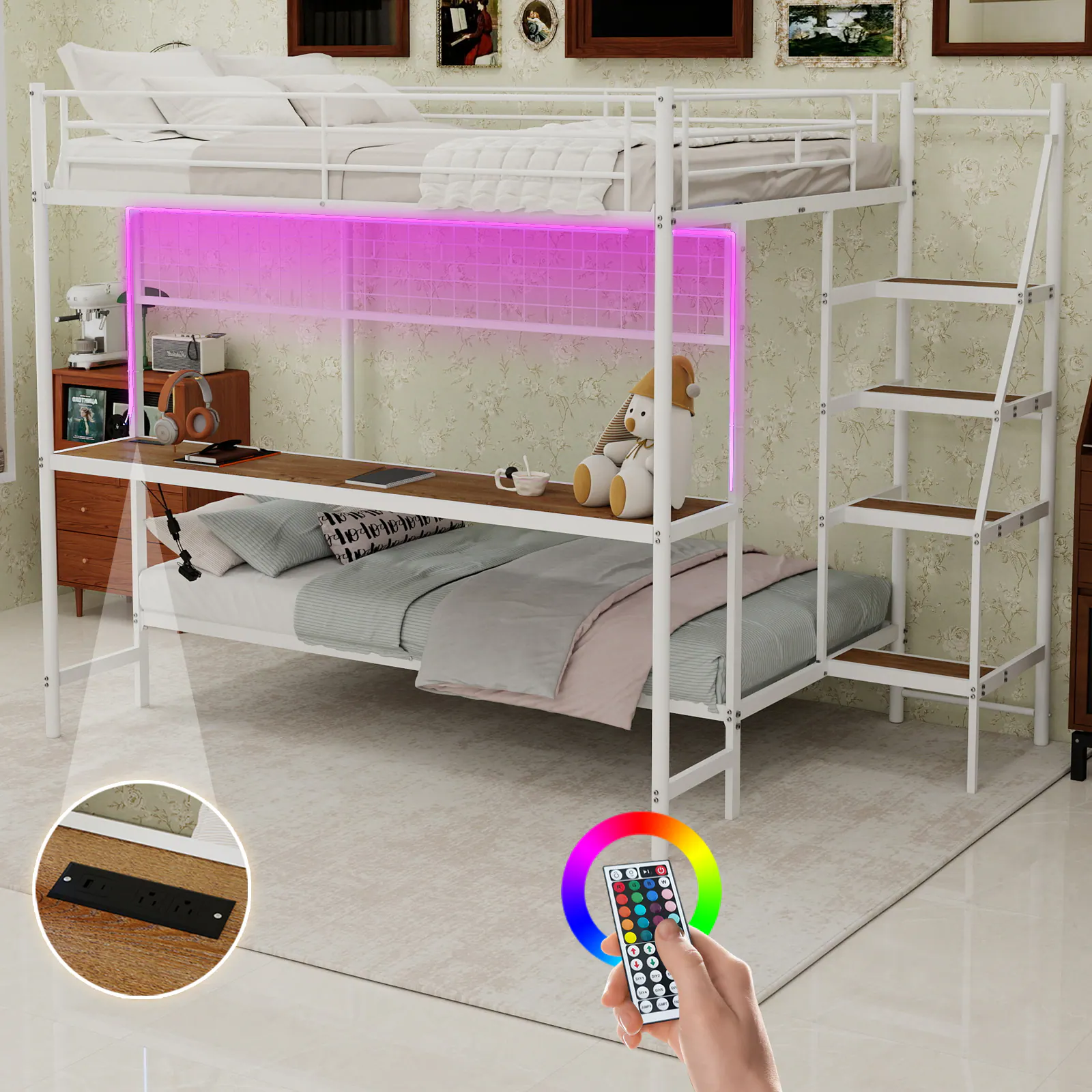 Front. Loheer - Loheer White Metal Bunk Bed with Desk Full Over Twin Space Saving Loft Bed with LED Lights for Teens - Ancient White.