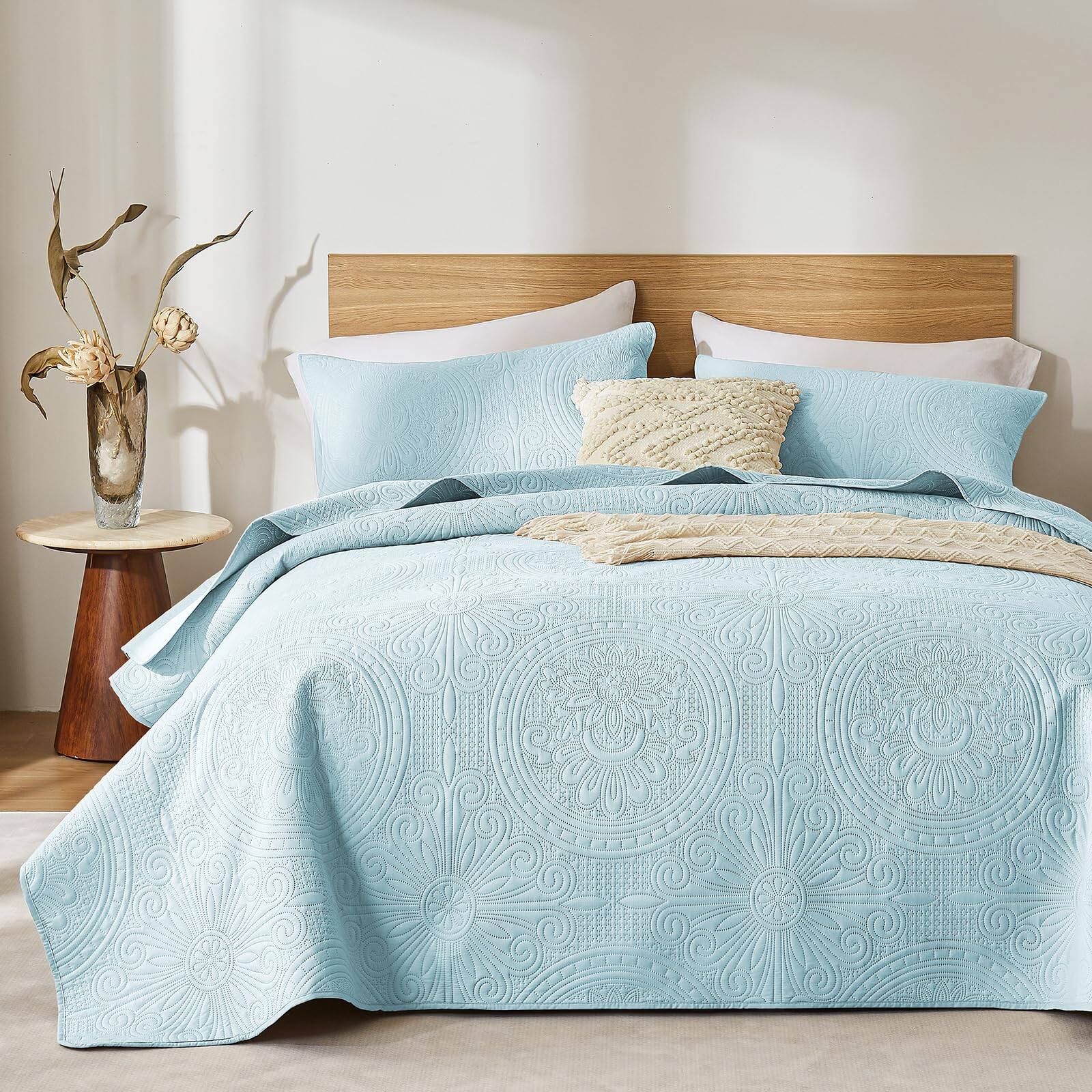 Front. Stylel Star - King/cal King Quilt Set Olive Green Ultrasonic Embossed Bedspread Lightweight Microfiber Coverlet Modern Thin... - Sky Blue-King/Cal King(96"x110").