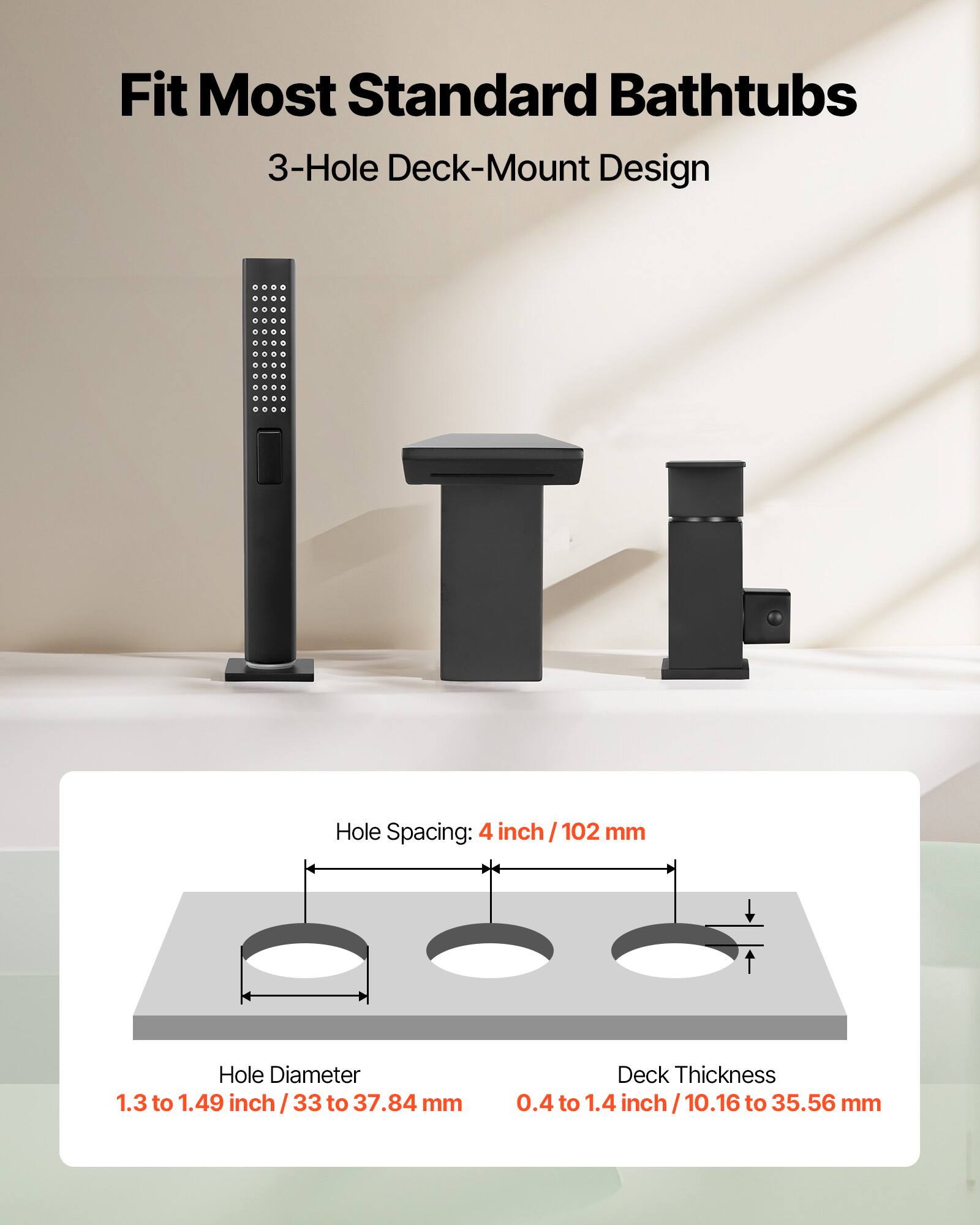 Fit Most Standard Bathtubs  
3-Hole Deck-Mount Design  

Hole Spacing: 4 inch / 102 mm  
Hole Diameter: 1.3 to 1.49 inch / 33 to 37.84 mm  
Deck Thickness: 0.4 to 1.4 inch / 10.16 to 35.56 mm
