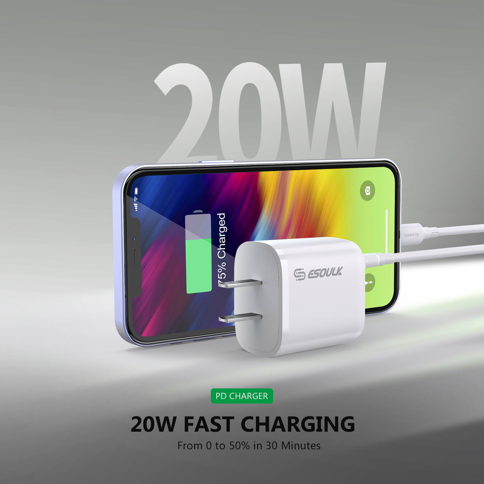 20W

PD CHARGER

20W FAST CHARGING

From 0 to 50% in 30 Minutes