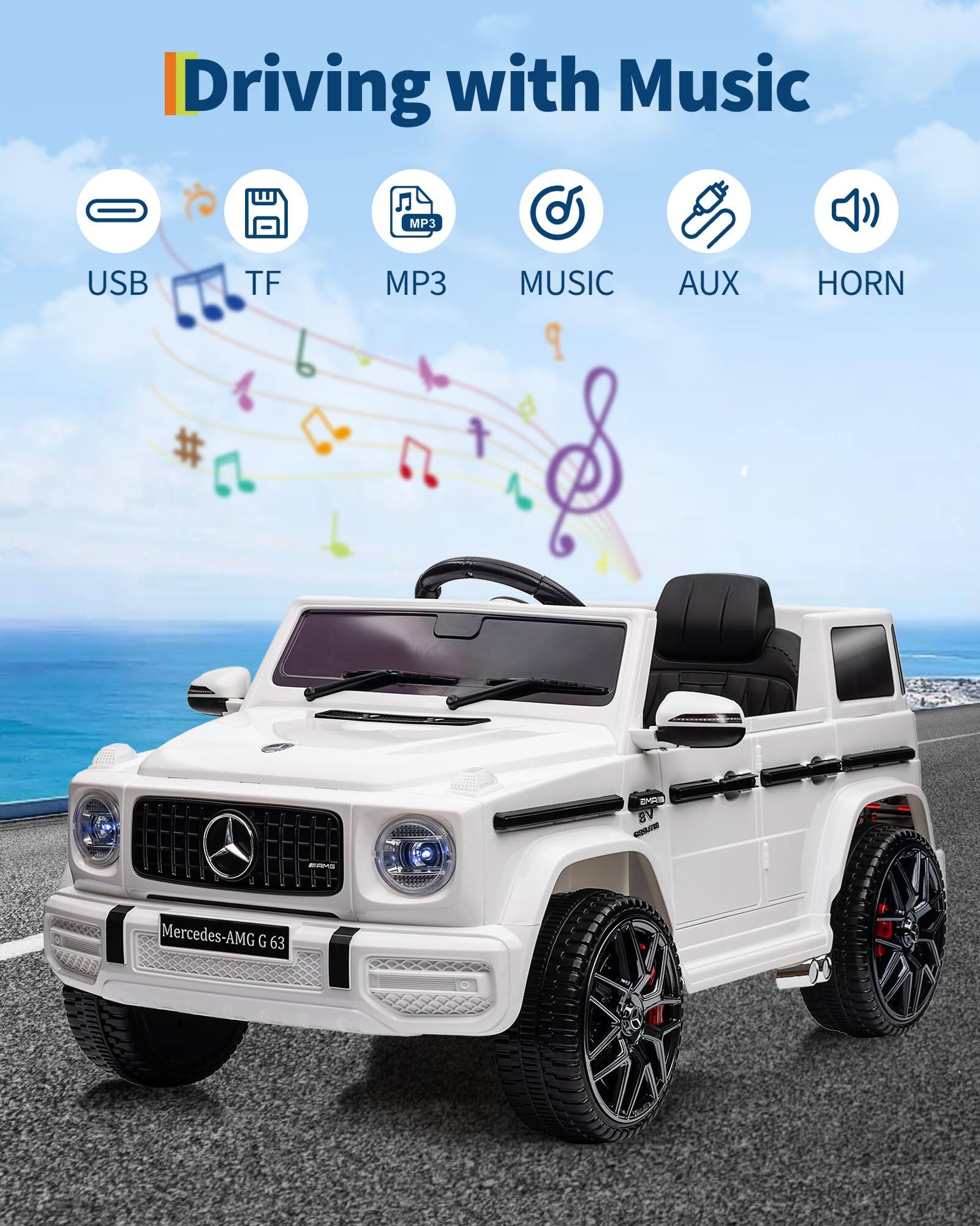 Driving with Music

- USB
- TF
- MP3
- MUSIC
- AUX
- HORN

Mercedes-AMG G 63