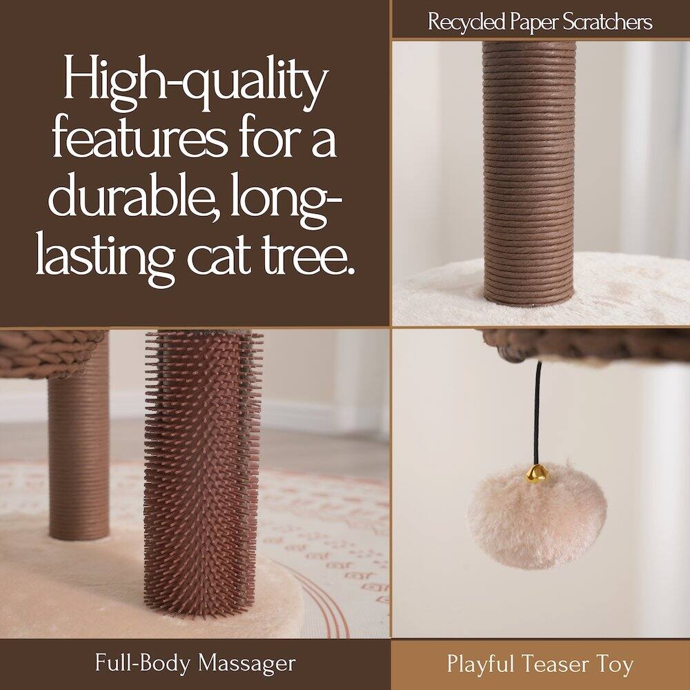 Recycled Paper Scratchers  
High-quality features for a durable, long-lasting cat tree.  

Full-Body Massager  
Playful Teaser Toy