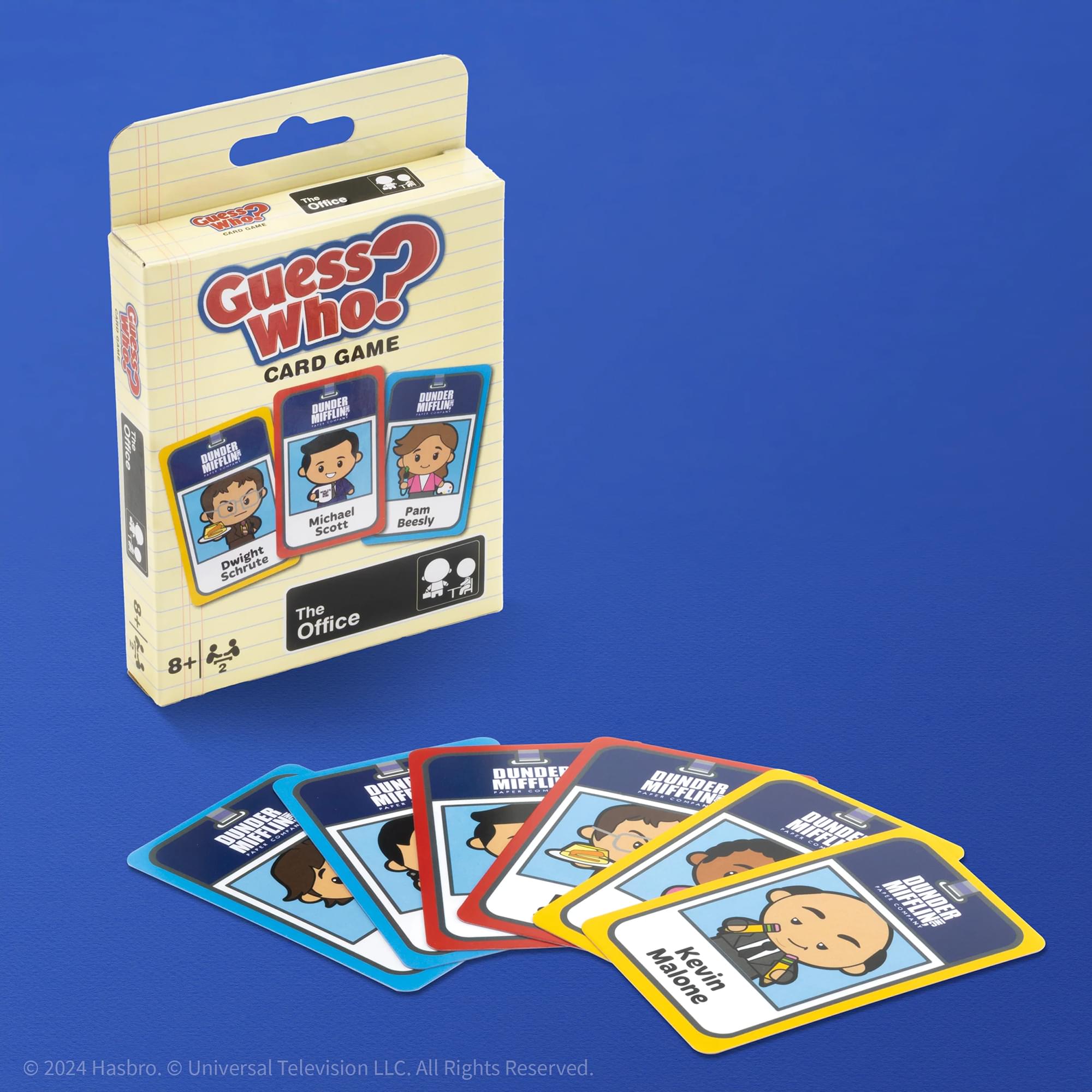 Guess Who? Card Game  
Dunder Mifflin  
The Office  
Pam  
Michael Scott  
Beesly  
Schrute  
Kevin  
Malone  

© 2024 Hasbro. © Universal Television LLC. All Rights Reserved.