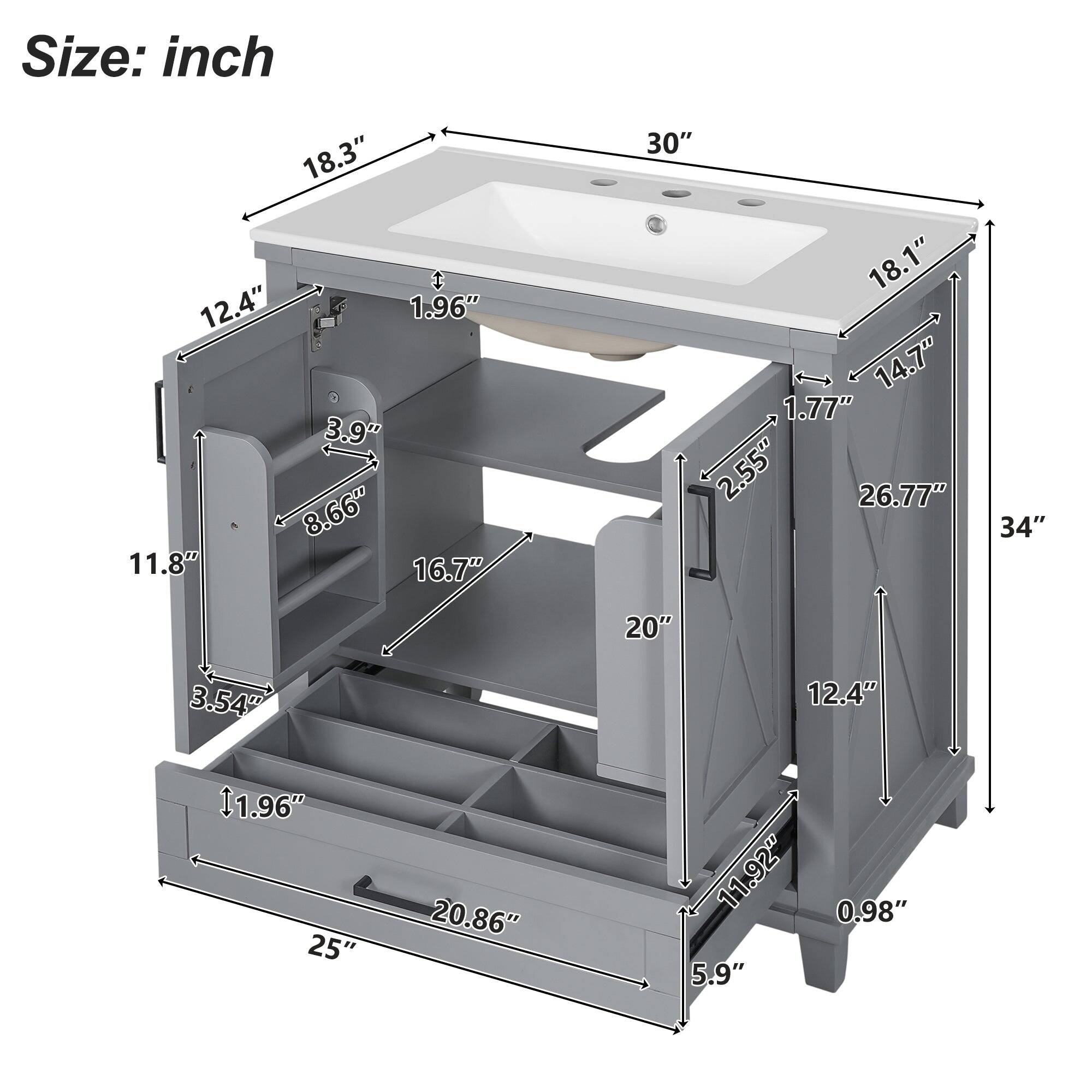 Size: inch

- 30"
- 18.3"
- 12.4"
- 1.96"
- 3.9"
- 8.66"
- 11.8"
- 16.7"
- 30"
- 18.1"
- 14.7"
- 1.77"
- 2.55"
- 26.77"
- 34"
- 20"
- 3.54"
- 12.4"
- 11.96"
- 25"
- 20.86"
- 11.92"
- 0.98"
- 5.9"