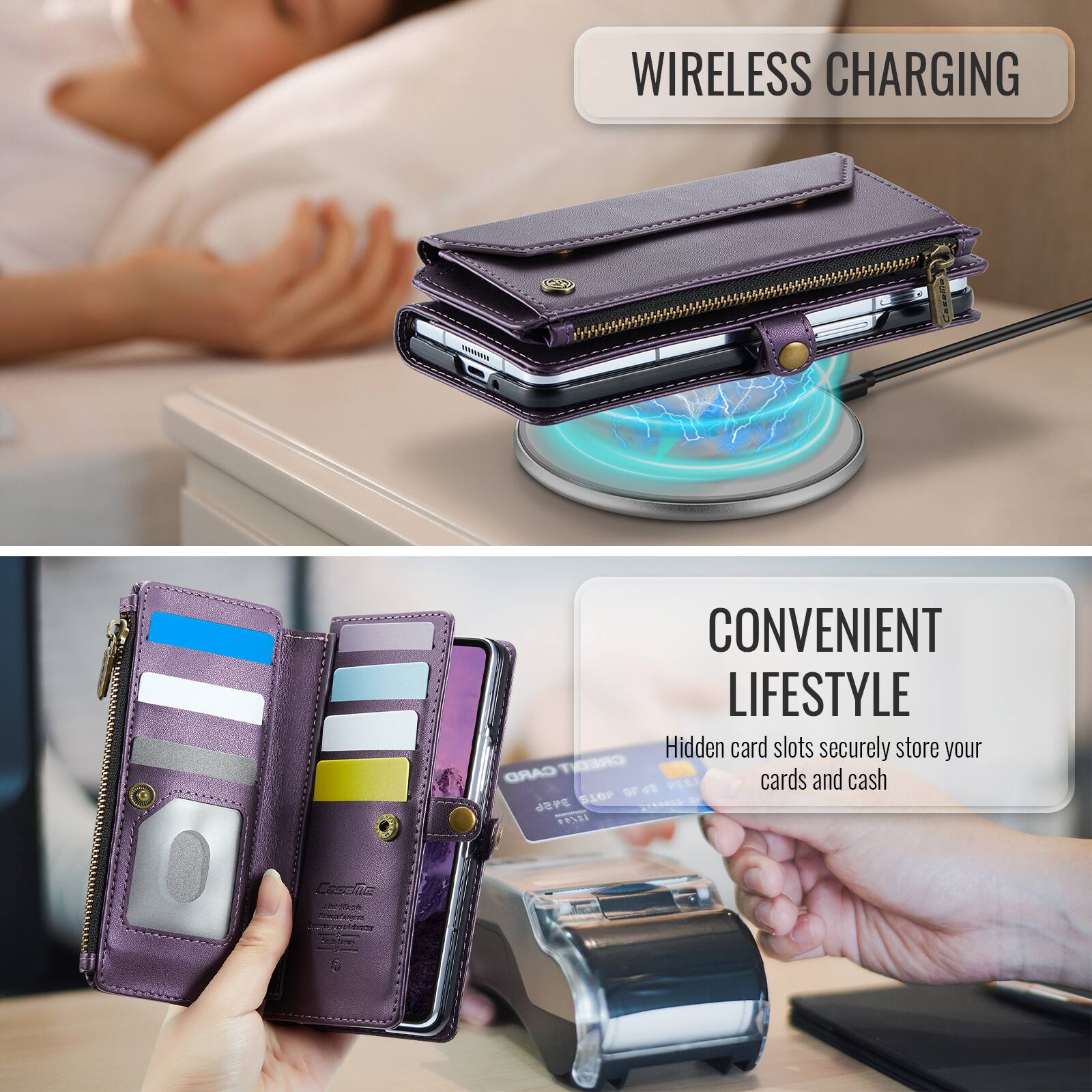 WIRELESS CHARGING

CONVENIENT LIFESTYLE
Hidden card slots securely store your CARD CREDIT cards and cash

678 PEEL 3456 STOP 2119225

Casolie
