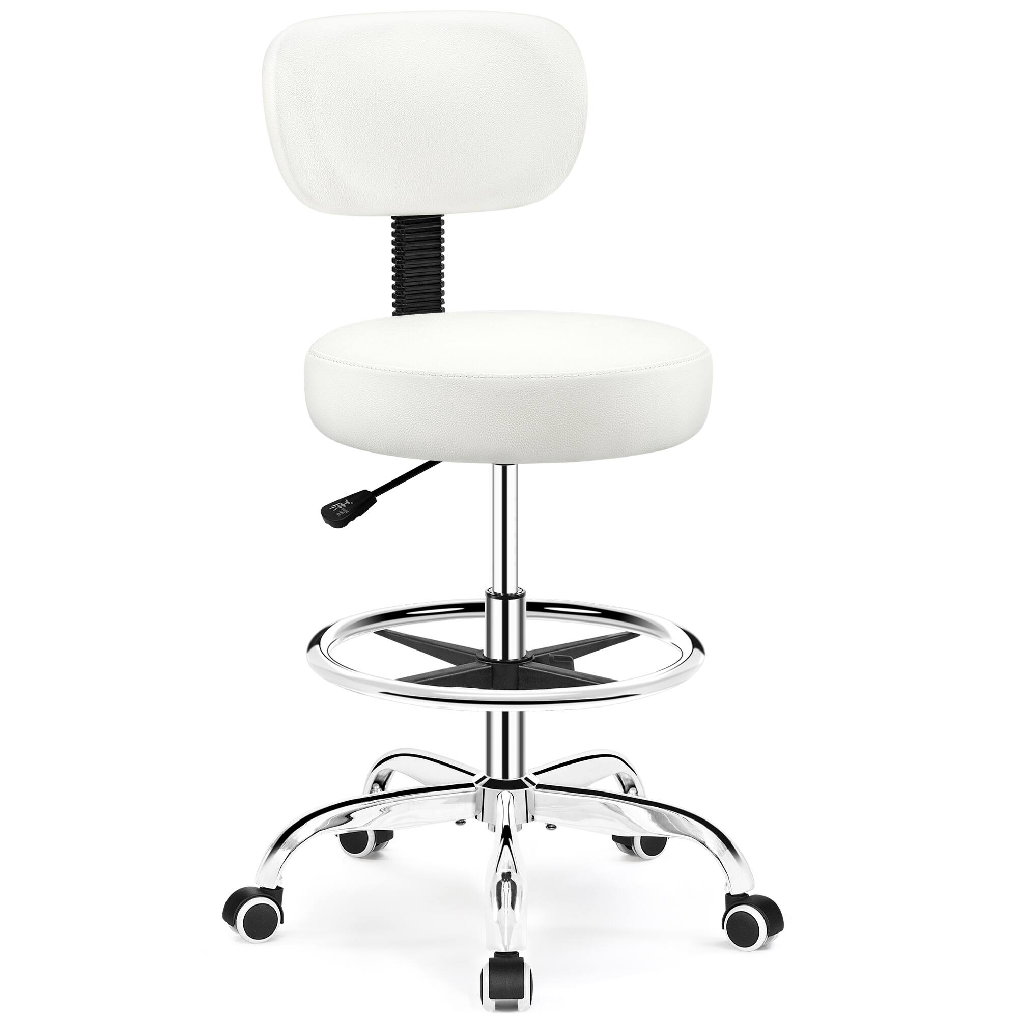 Alt View 4. KERDOM - Drafting Chair with Backrest, Adjustable Footrest Rolling Stool PU Leather for Office Studio Lab Counter Salon Bar Shop - White.