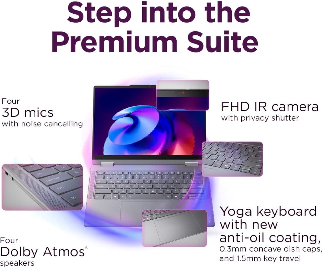 Step into the Premium Suite:
1. Four 3D mics with noise cancelling
2. FHD IR camera with privacy shutter
3. Four Dolby Atmos speakers
4. Yoga keyboard with new anti-oil coating, 0.3mm concave dish caps, and 1.5mm key travel