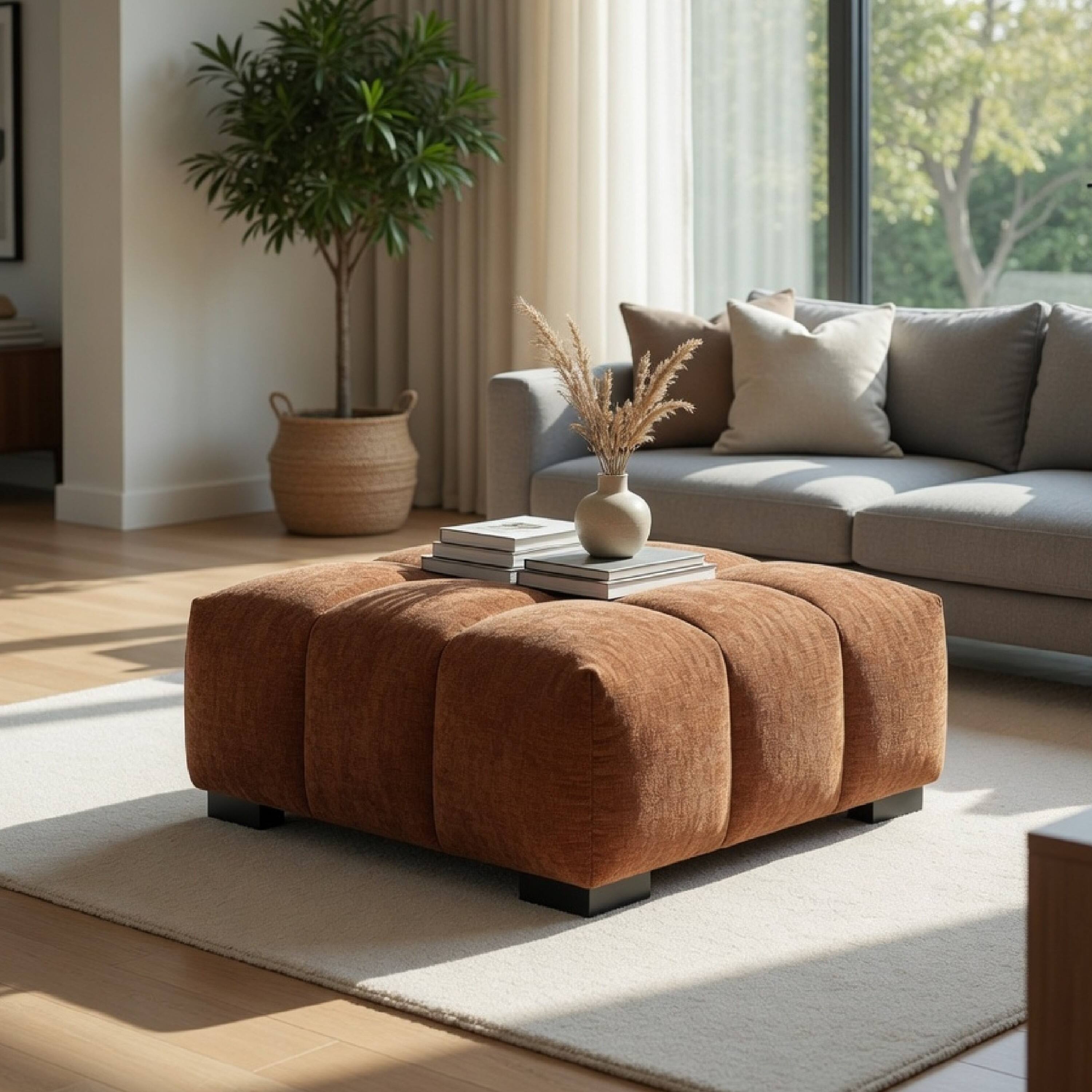 Alt View 7. Manhattan Lane - Hecy Ottoman, Grid Tufted, Plush Orange Upholstery, 39 Inch - Orange, Black.