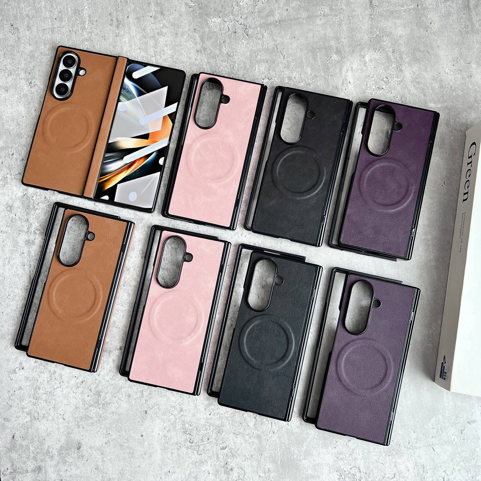 Alt View 4. Dteck - Magnetic Leather Texture Phone Case for Samsung Galaxy Z Fold8 Ultra with Screen Protector, Hard PC Protective Cover - Pink.