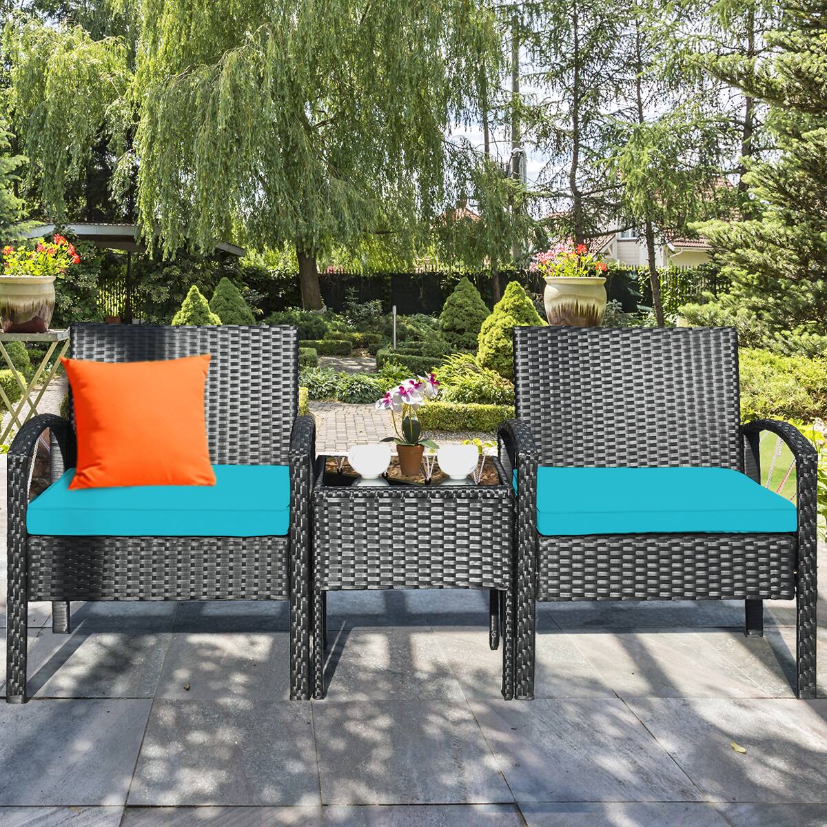 Alt View 1. Costway - Costway Rattan Patio Furniture Set 3 Pieces, Wicker Conversation Set with Tempered Glass Coffee Table - Turquoise.