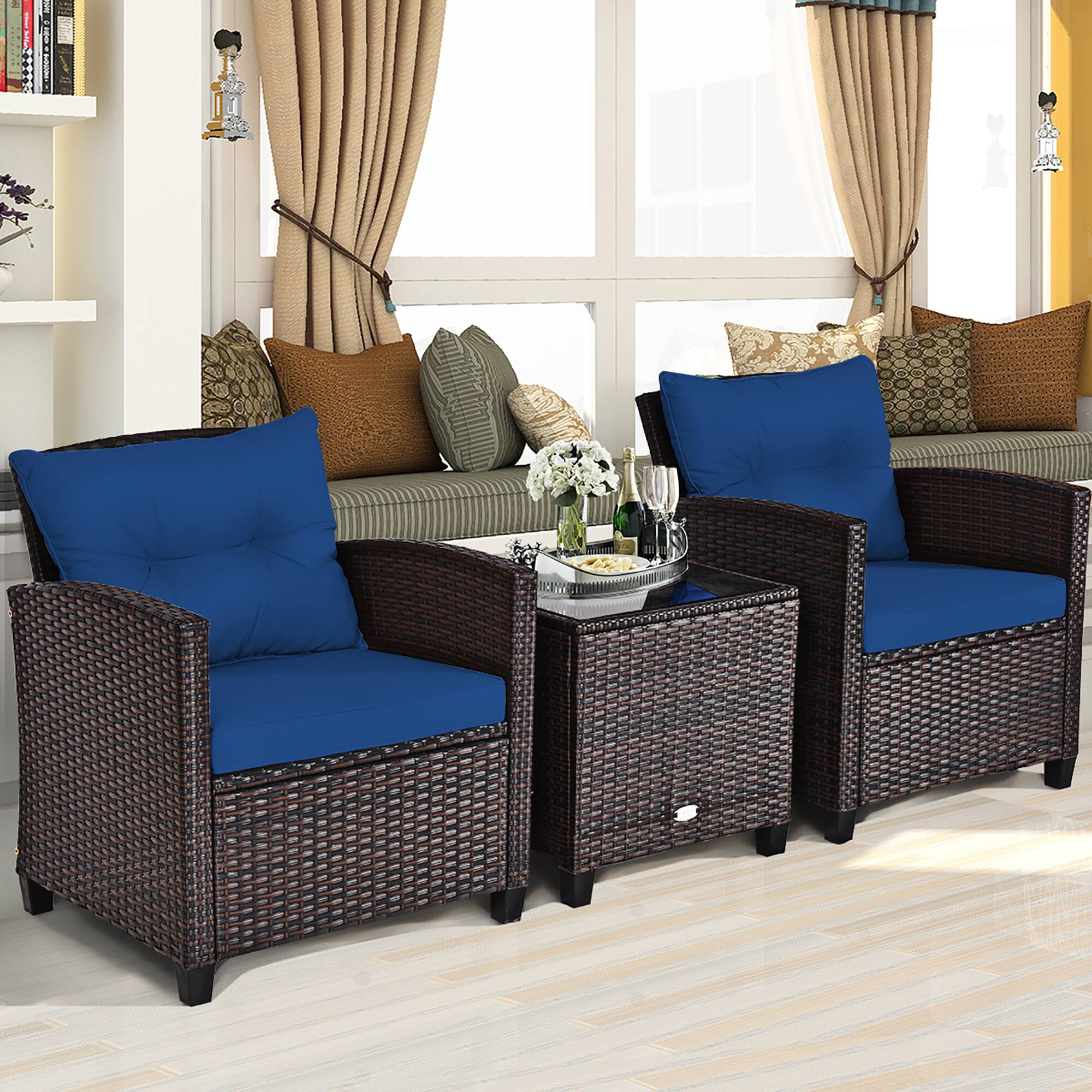 Alt View 3. Costway - 3PCS Patio Rattan Furniture Set Cushioned Conversation Set Coffee Table - Navy.