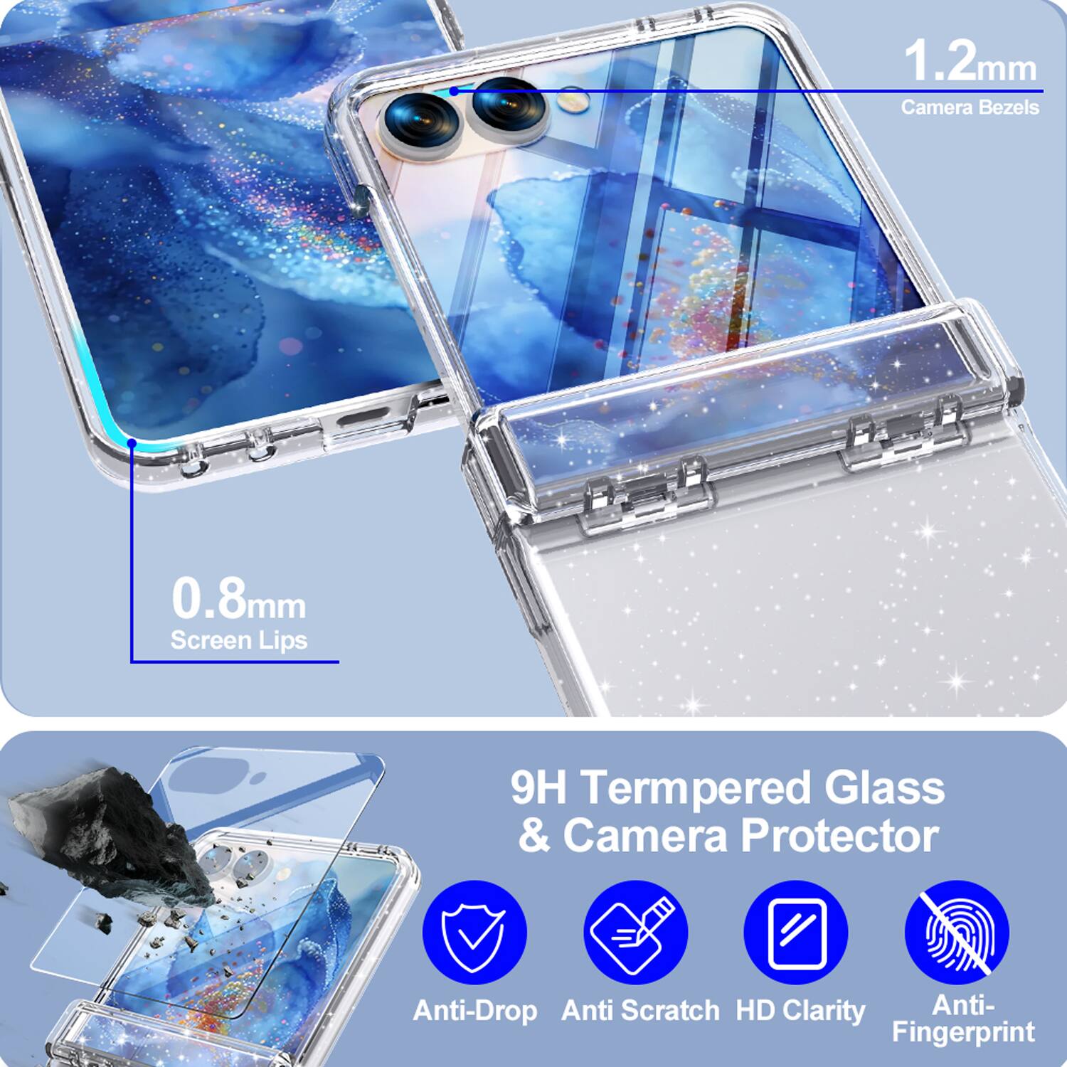 1.2mm Camera Bezels  
0.8mm Screen Lips  
9H Tempered Glass & Camera Protector  
Anti-Drop  
Anti-Scratch  
HD Clarity  
Anti-Fingerprint