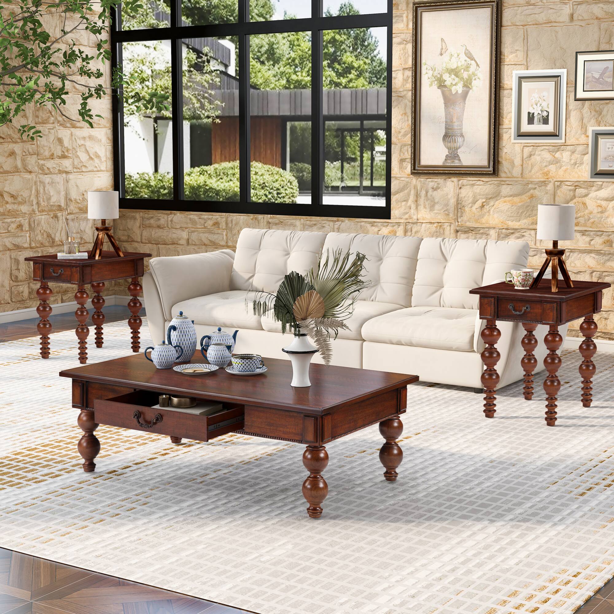 Back. GOODSILO - Solid Wood End Table with Drawer, Vintage Narrow Sofa Side Table for Living Room - Walnut.