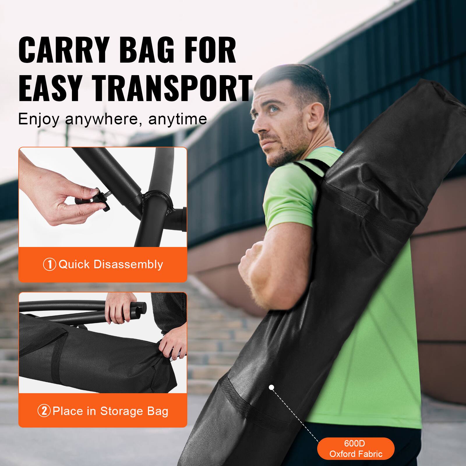 CARRY BAG FOR EASY TRANSPORT  
Enjoy anywhere, anytime  

1. Quick Disassembly  
2. Place in Storage Bag  

600D Oxford Fabric